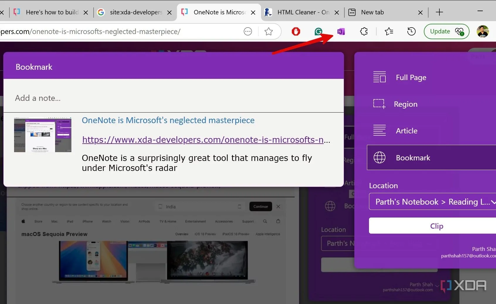 Sử dụng OneNote Web Clipper để cắt một phần trang web và lưu trữ trực tiếp vào sổ tay OneNote.