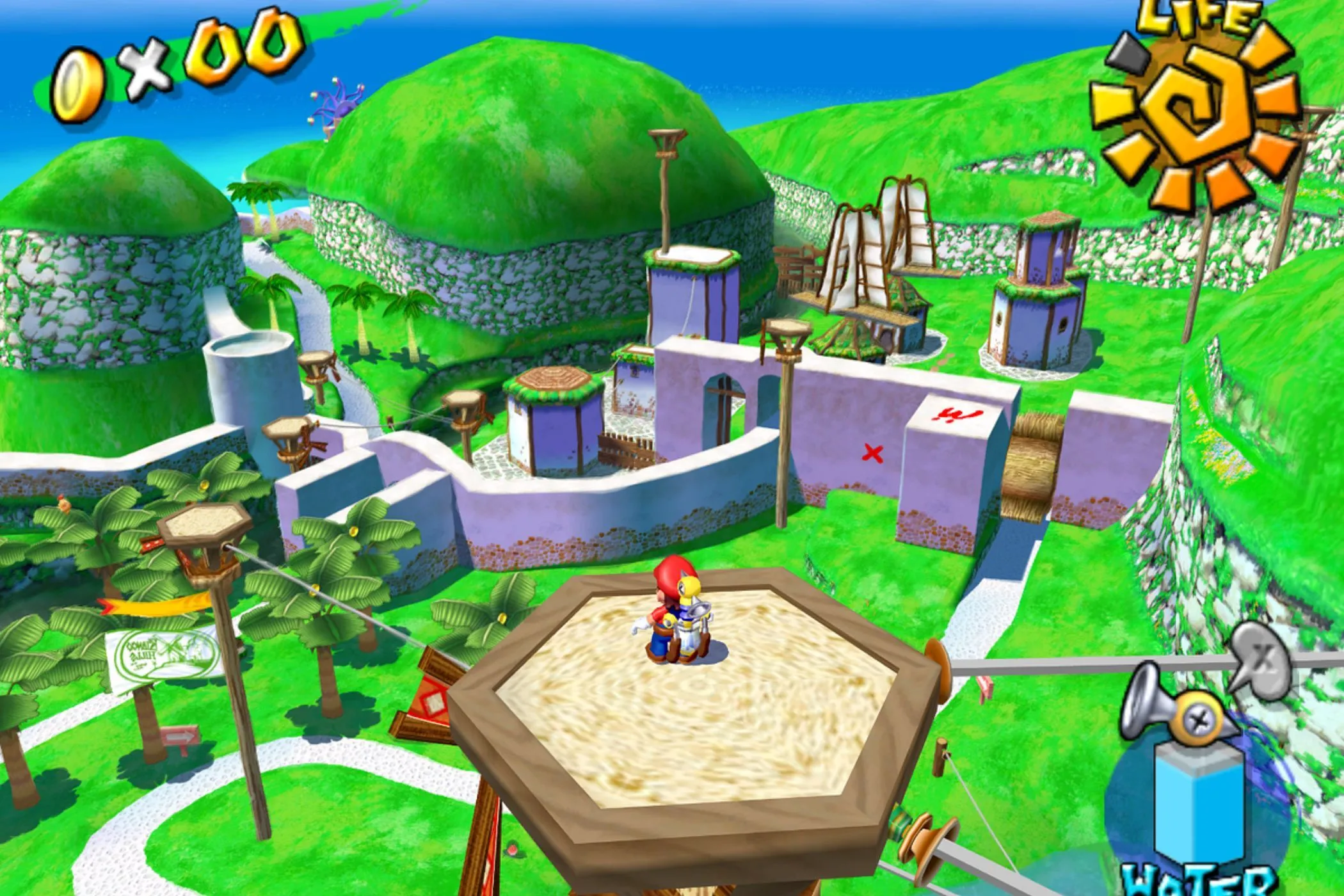 Super Mario Sunshine: Mario trên ngọn tháp giữa Đảo Delfino với vòi phun nước Fludd