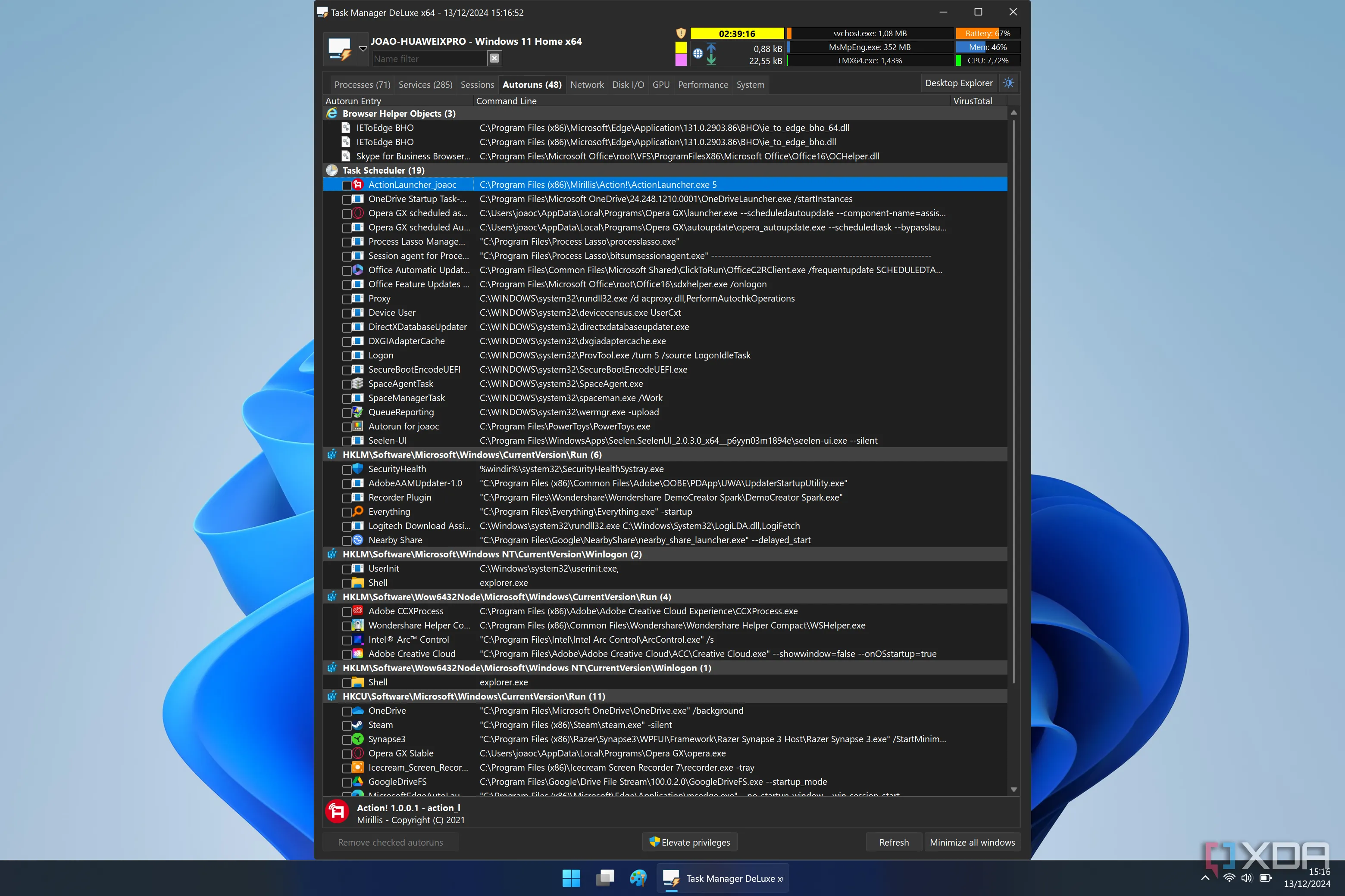 Tab Autoruns của Task Manager DeLuxe, liệt kê các chương trình tự khởi động cùng Windows từ Registry