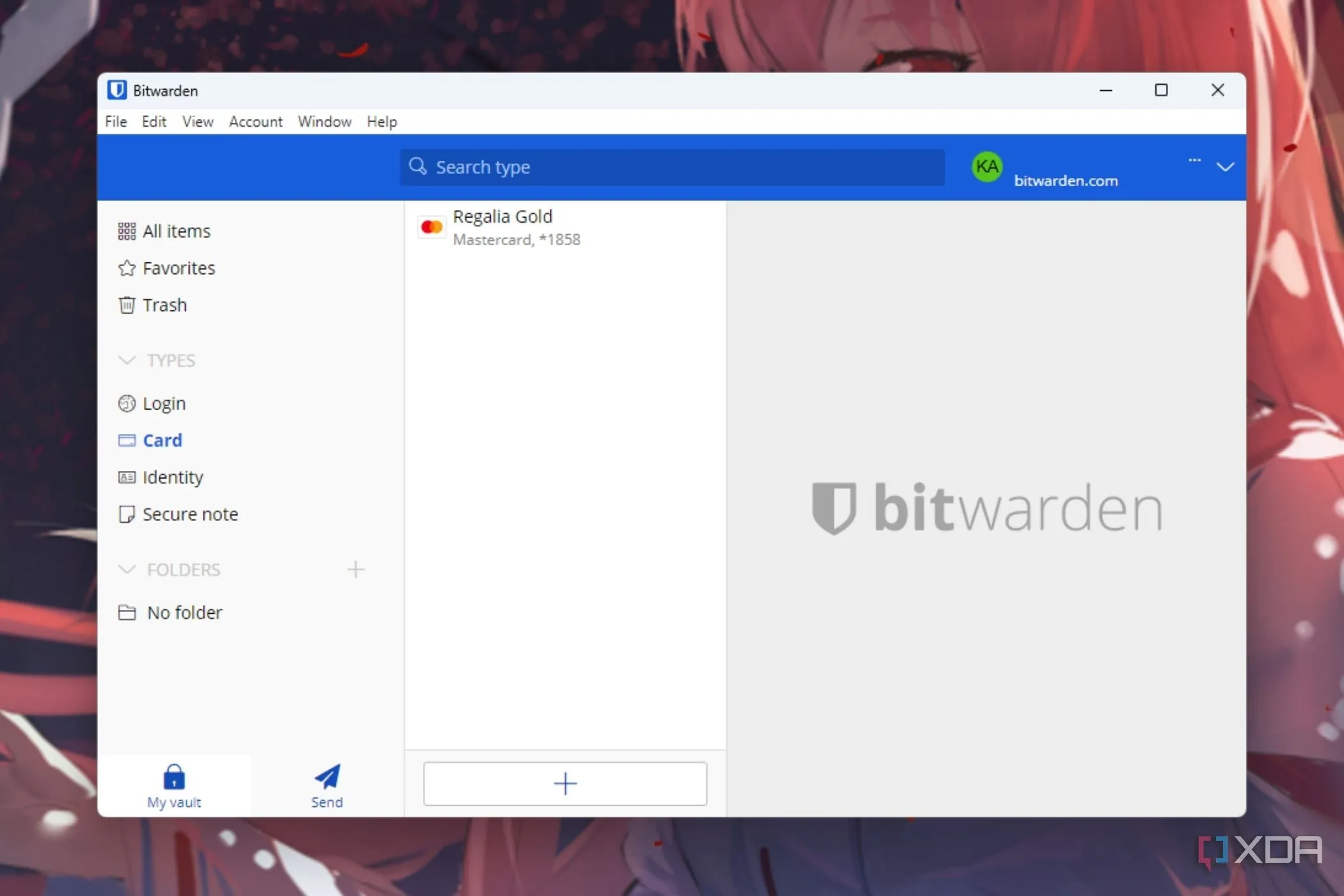 Tab quản lý thông tin thẻ tín dụng đã lưu trong ứng dụng Bitwarden trên Windows