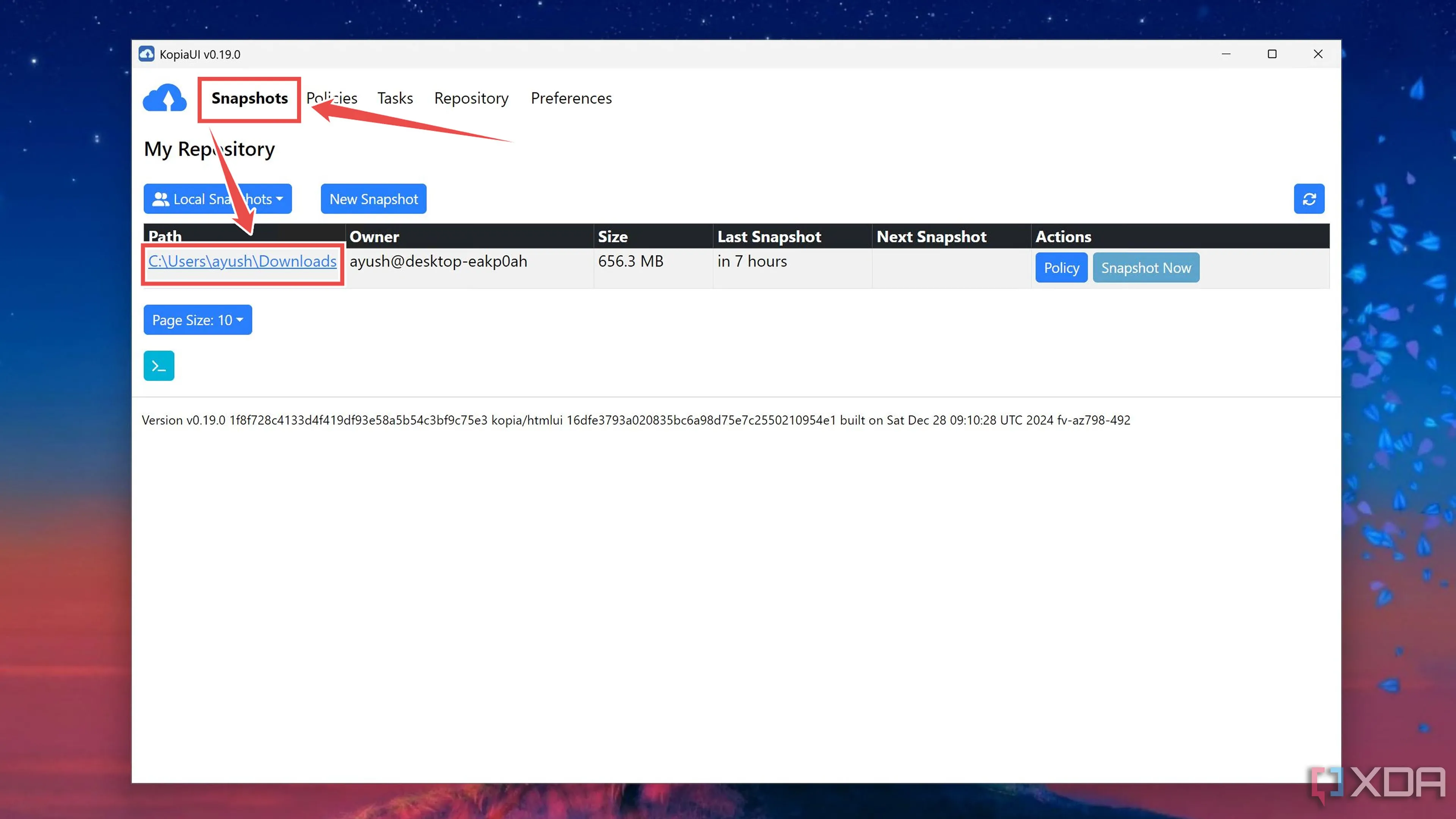 Tab Snapshots trong Kopia UI, hiển thị nút New Snapshot để bắt đầu tạo bản sao lưu dữ liệu mới