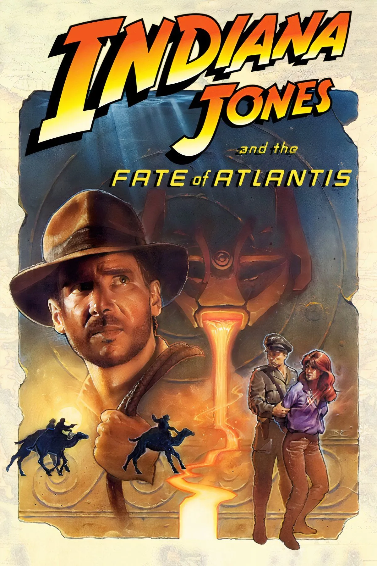 Tấm poster tổng hợp nhiều cảnh trong game phiêu lưu Indiana Jones and the Fate of Atlantis