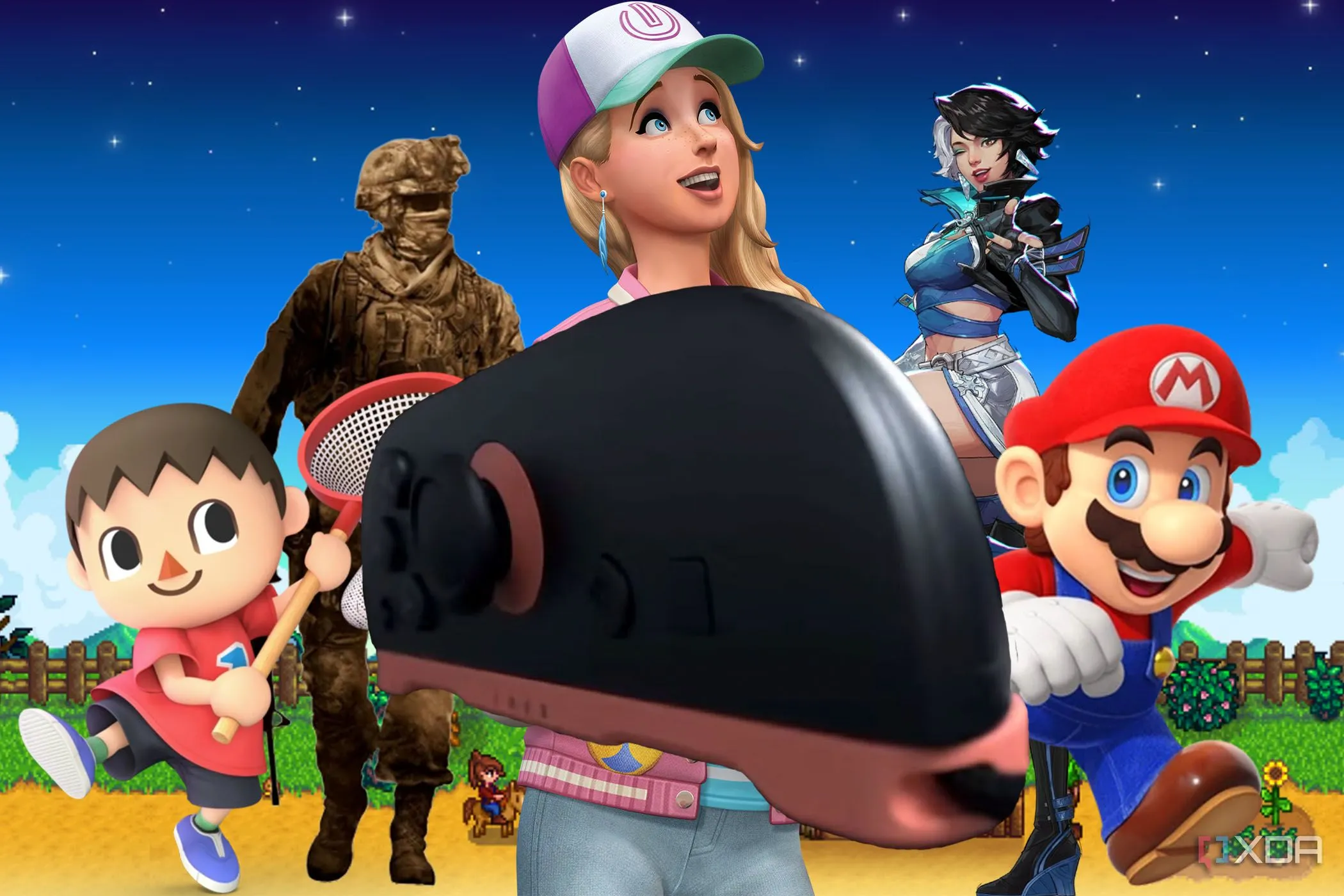 Tay cầm Joy-Con Nintendo Switch 2 nổi bật giữa các nhân vật game, minh họa tính năng chuột PC