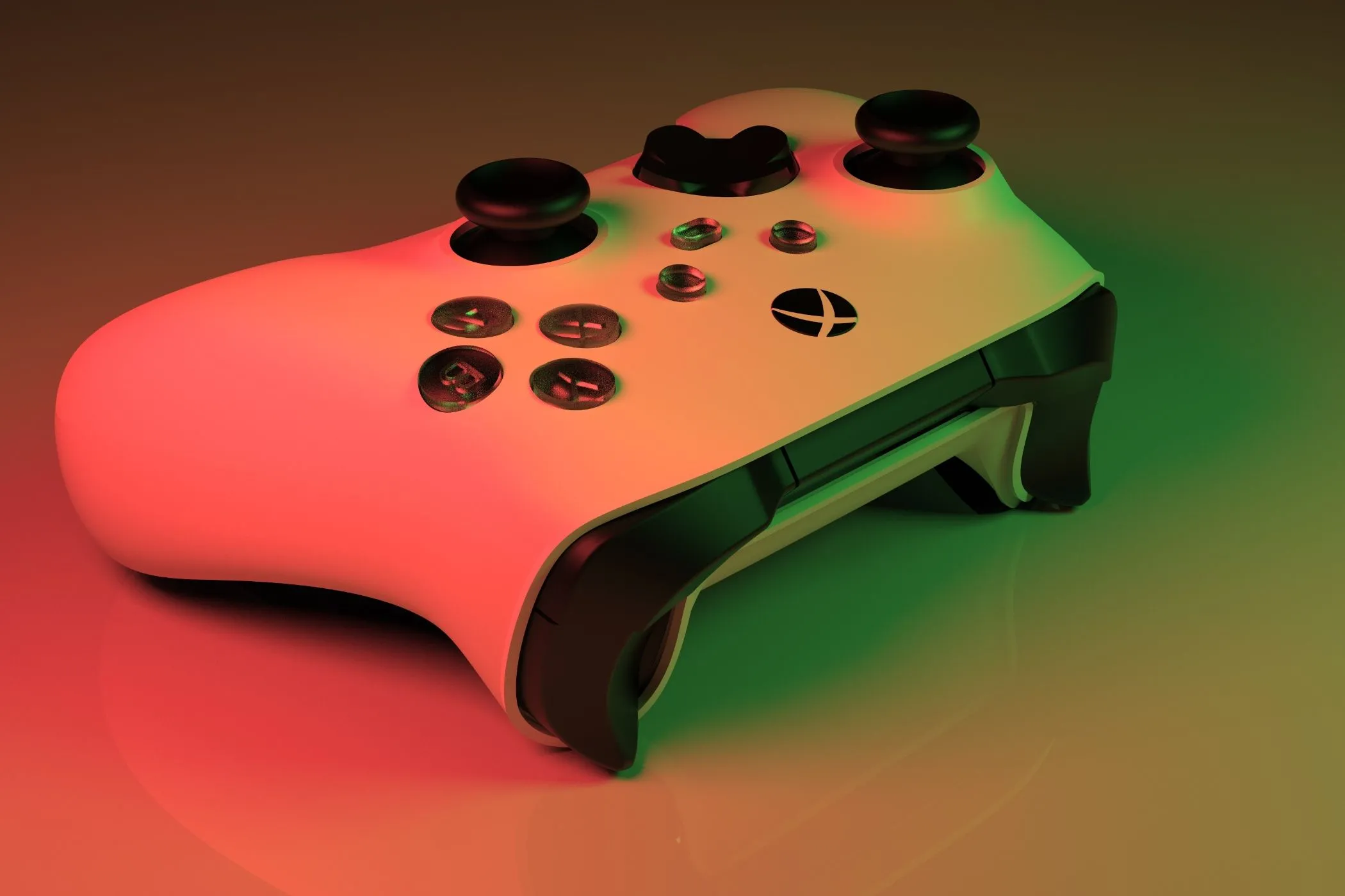 Tay cầm Xbox Series X màu trắng dưới ánh sáng đỏ và xanh, tượng trưng cho trải nghiệm chơi game trên console, đối trọng với PC gaming trong thập niên 90.