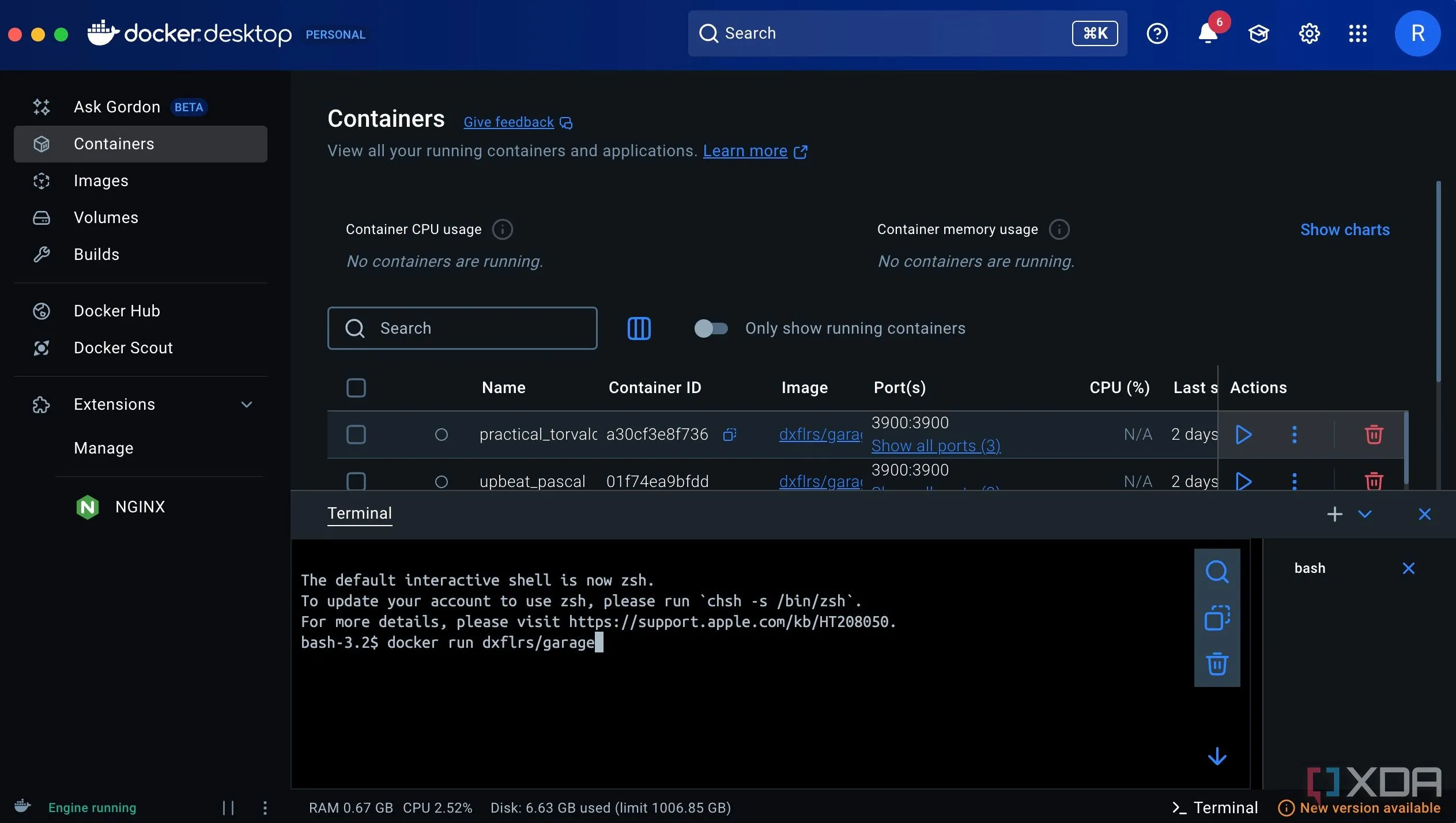 Terminal hiển thị lệnh `docker run [image]` để tạo và khởi chạy container Docker mới.