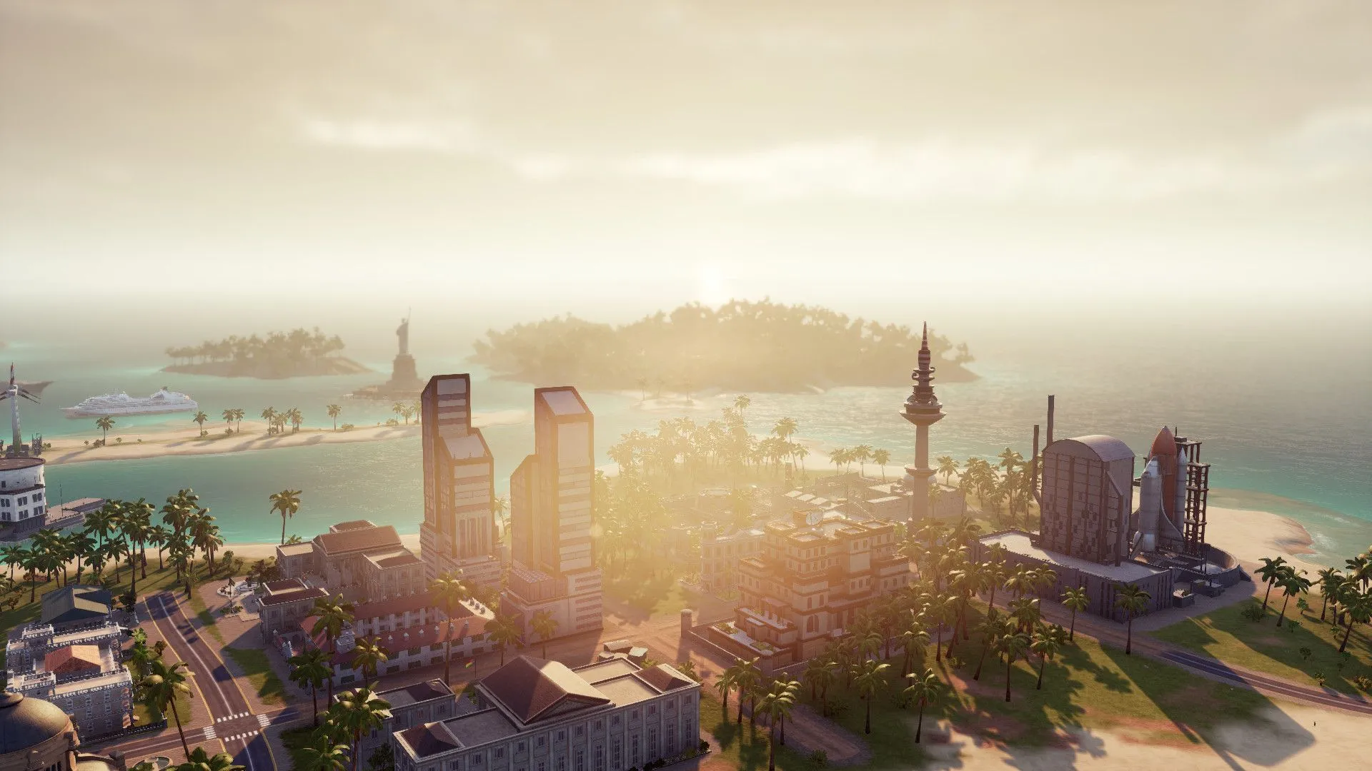 Thành phố Tropico 6 với nhà ở, công trình công cộng và đường phố tấp nập, phản ánh sự phát triển của hòn đảo