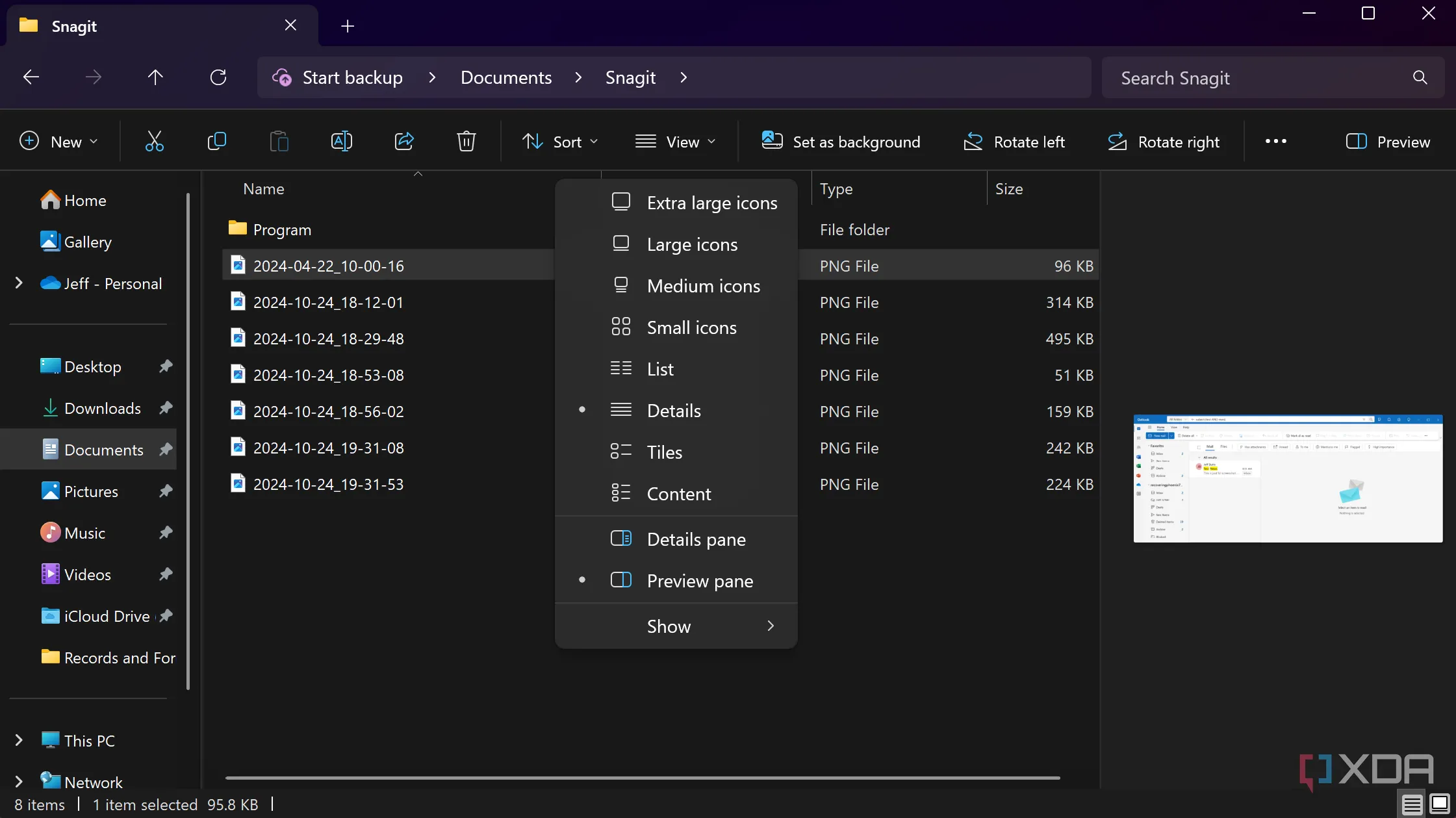 Thanh xem trước (Preview pane) trong File Explorer hiển thị nội dung tệp tin