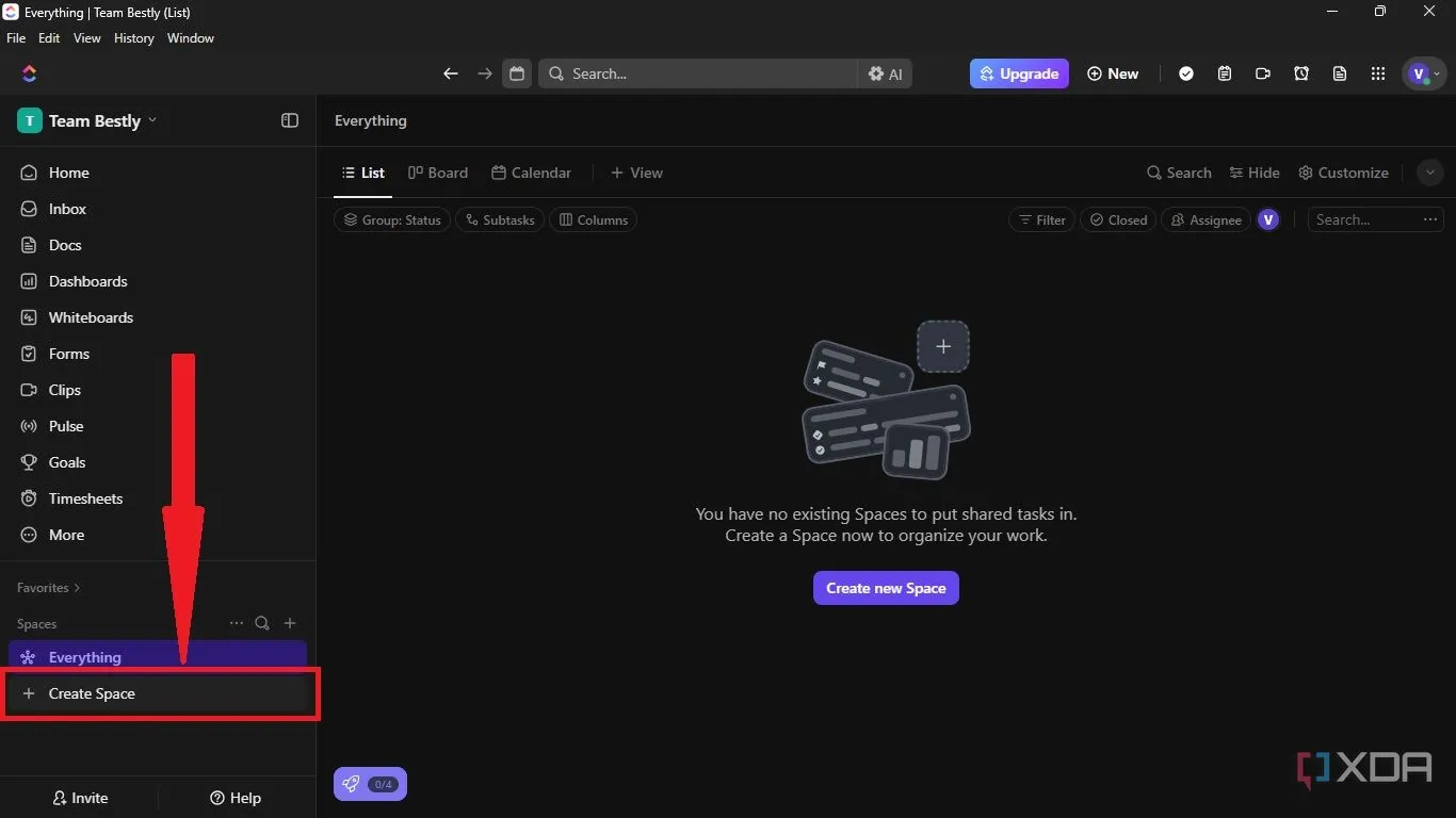 Thao tác nhấp vào nút &quot;Create Space&quot; trên thanh điều hướng bên trái của ClickUp.