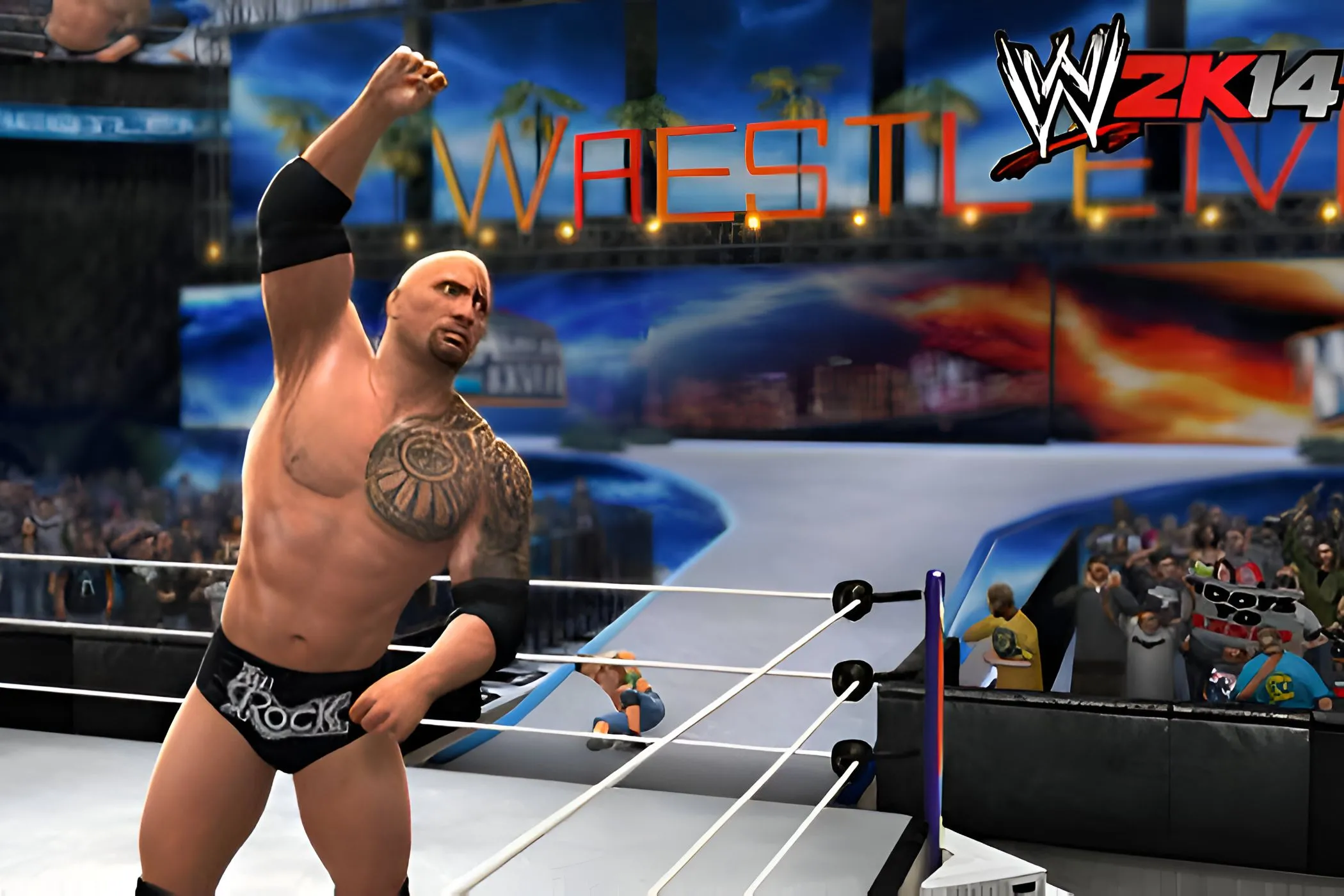 The Rock tạo dáng kinh điển ăn mừng chiến thắng trong WWE 2K14