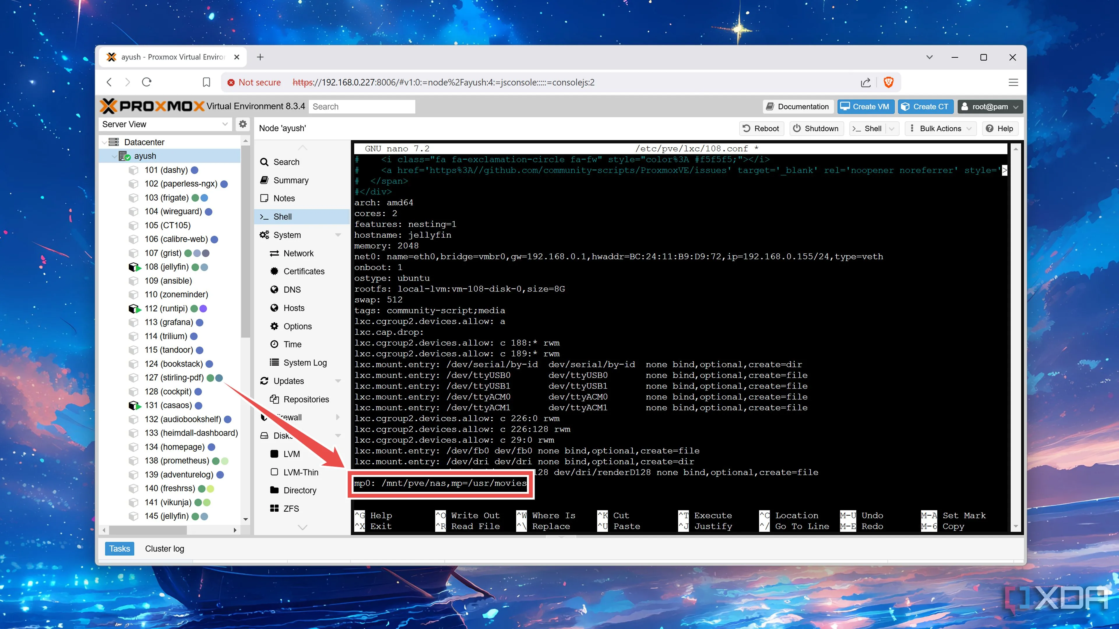 Thêm dòng mp0 vào file cấu hình để gắn kết SMB share từ Proxmox vào Jellyfin LXC