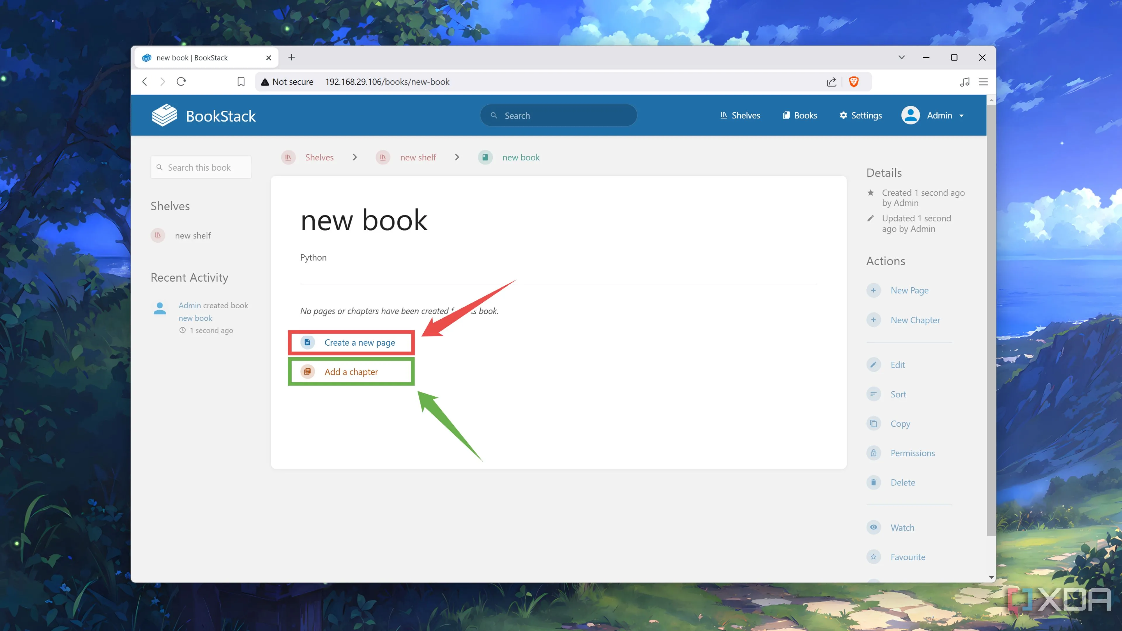 Thêm một Page (trang) mới vào BookStack để bắt đầu ghi chú