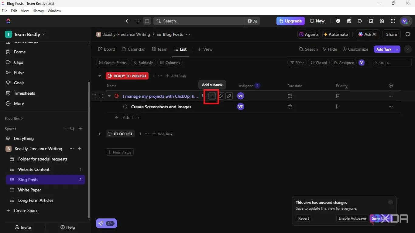 Thêm nhiệm vụ con (subtask) vào một nhiệm vụ chính trong ClickUp bằng cách nhấp vào biểu tượng dấu cộng (+).