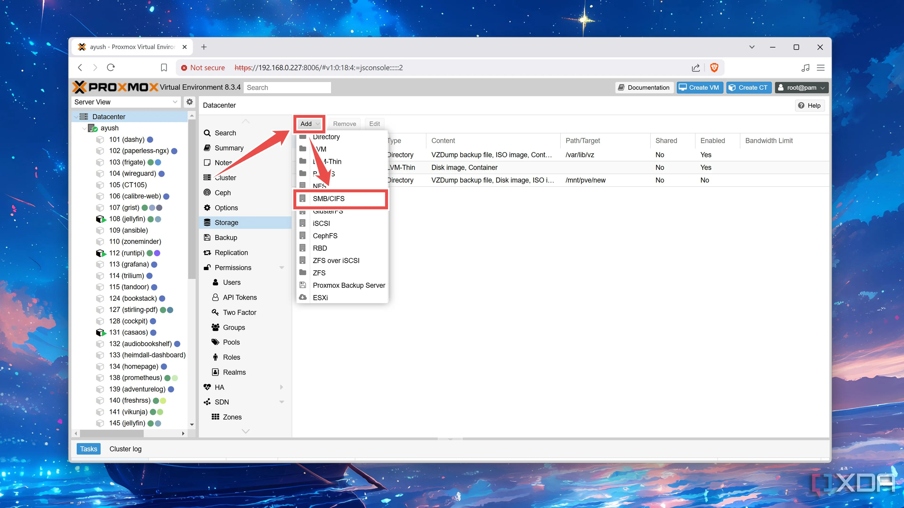 Thêm SMB/CIFS share mới vào Proxmox host để gắn kết thư viện media