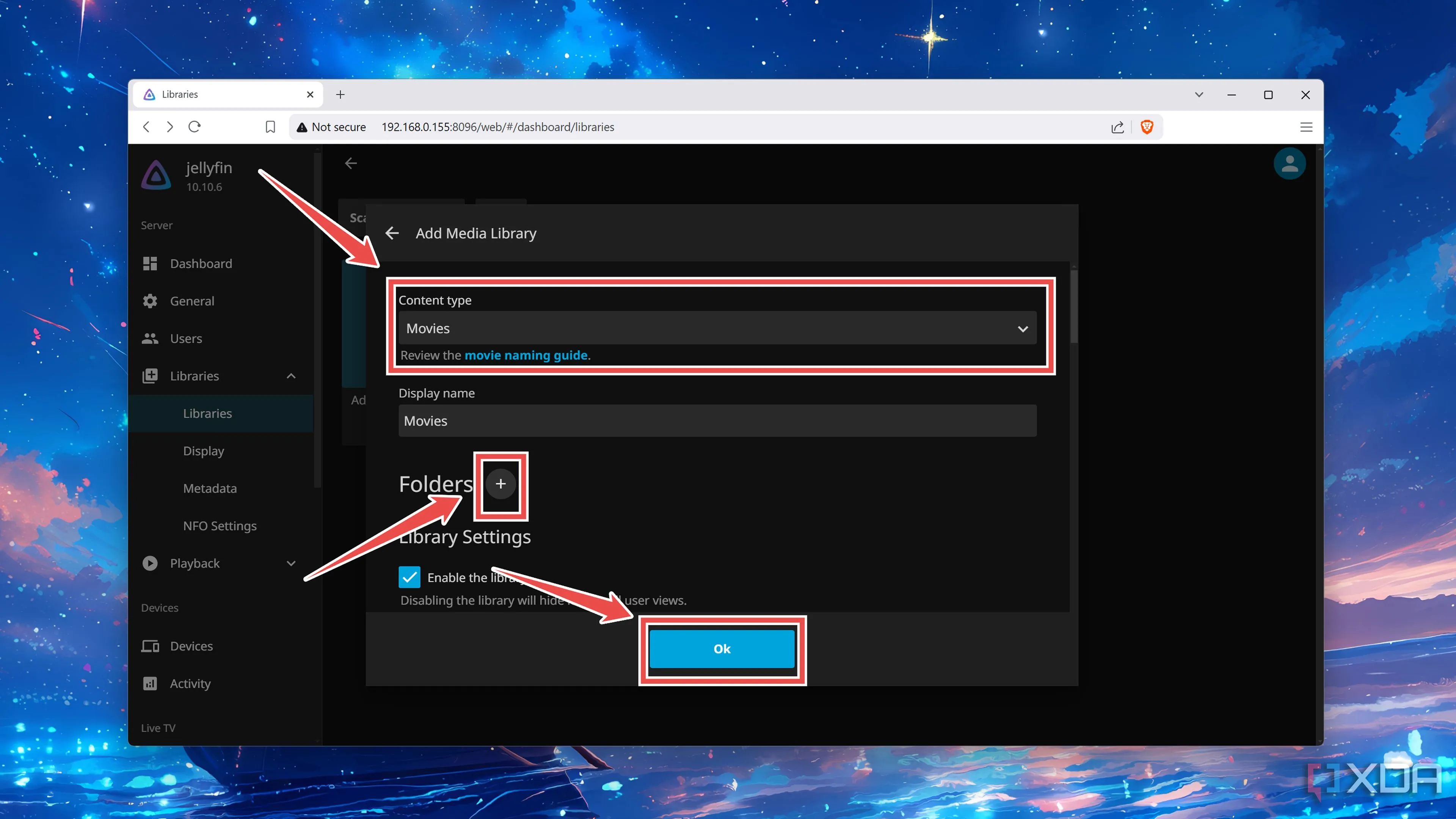 Thiết lập loại nội dung và đường dẫn thư mục media đã mount từ SMB share vào Jellyfin
