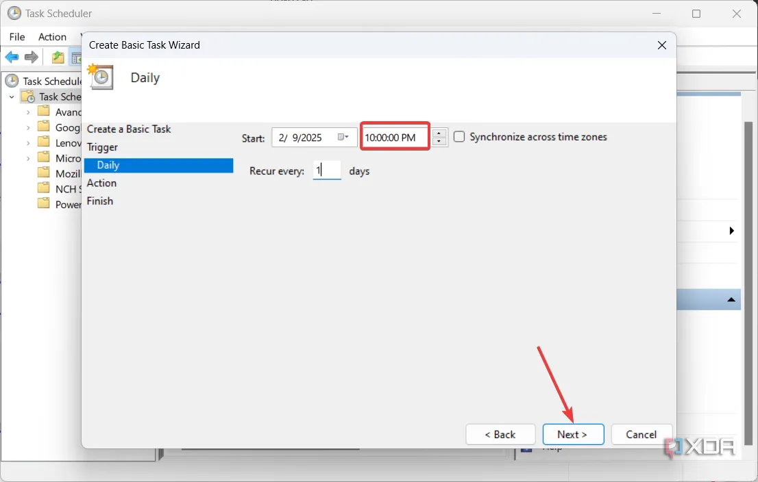 Thiết lập ngày và giờ bắt đầu cho tác vụ tự động tắt máy trong Task Scheduler