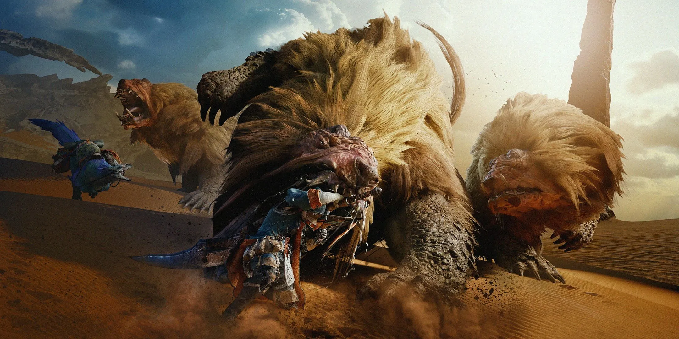 Thợ săn chiến đấu với quái vật khổng lồ trong Monster Hunter Wilds giữa môi trường hoang dã
