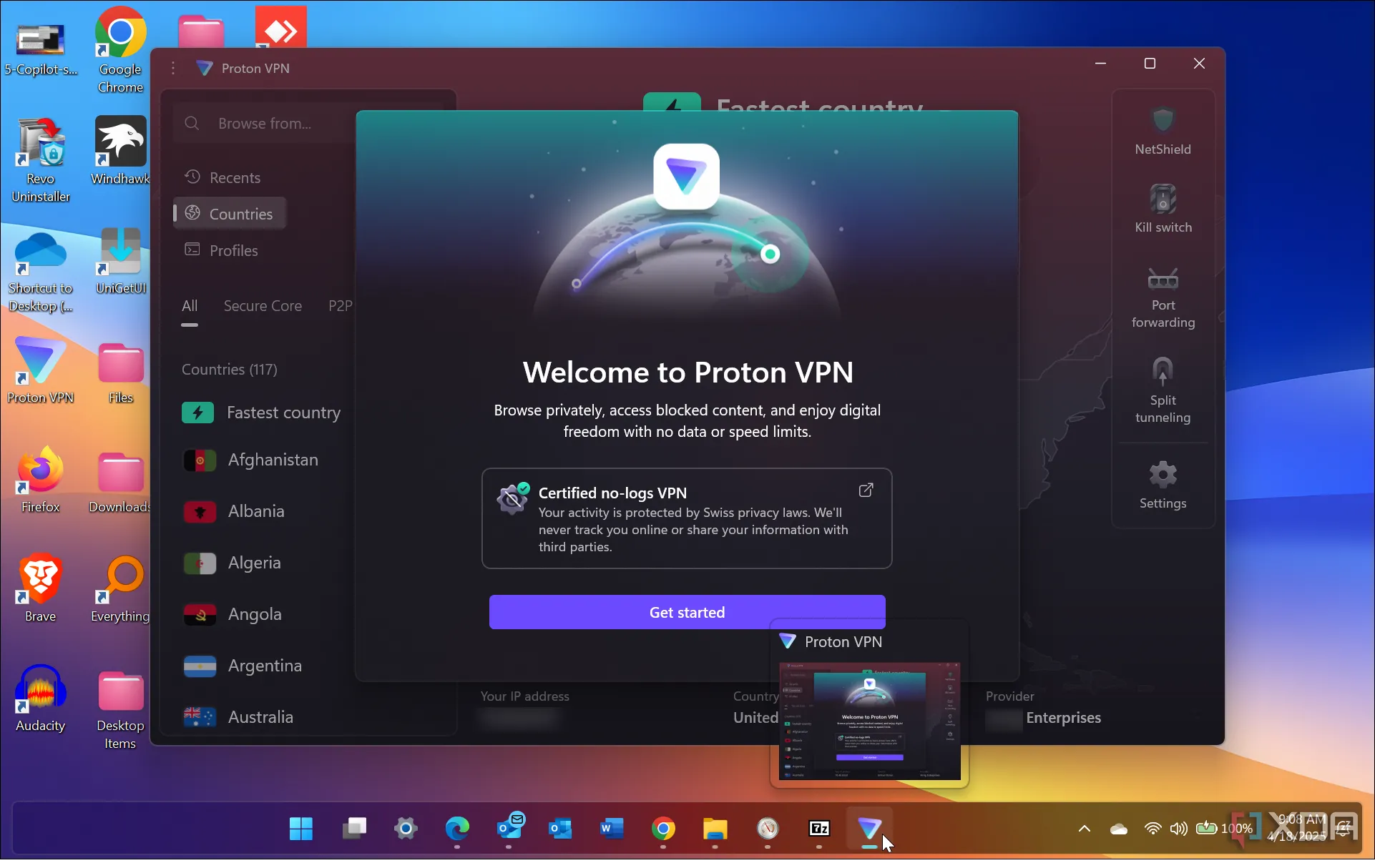 Thông báo &quot;No logs&quot; khi khởi động Proton VPN, khẳng định chính sách bảo mật