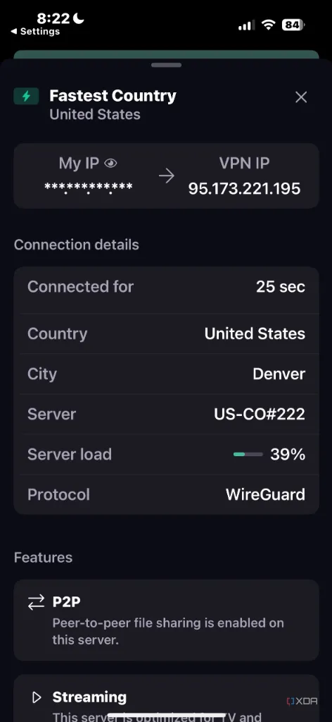 Thống kê chi tiết kết nối của Proton VPN, cung cấp thông tin hữu ích