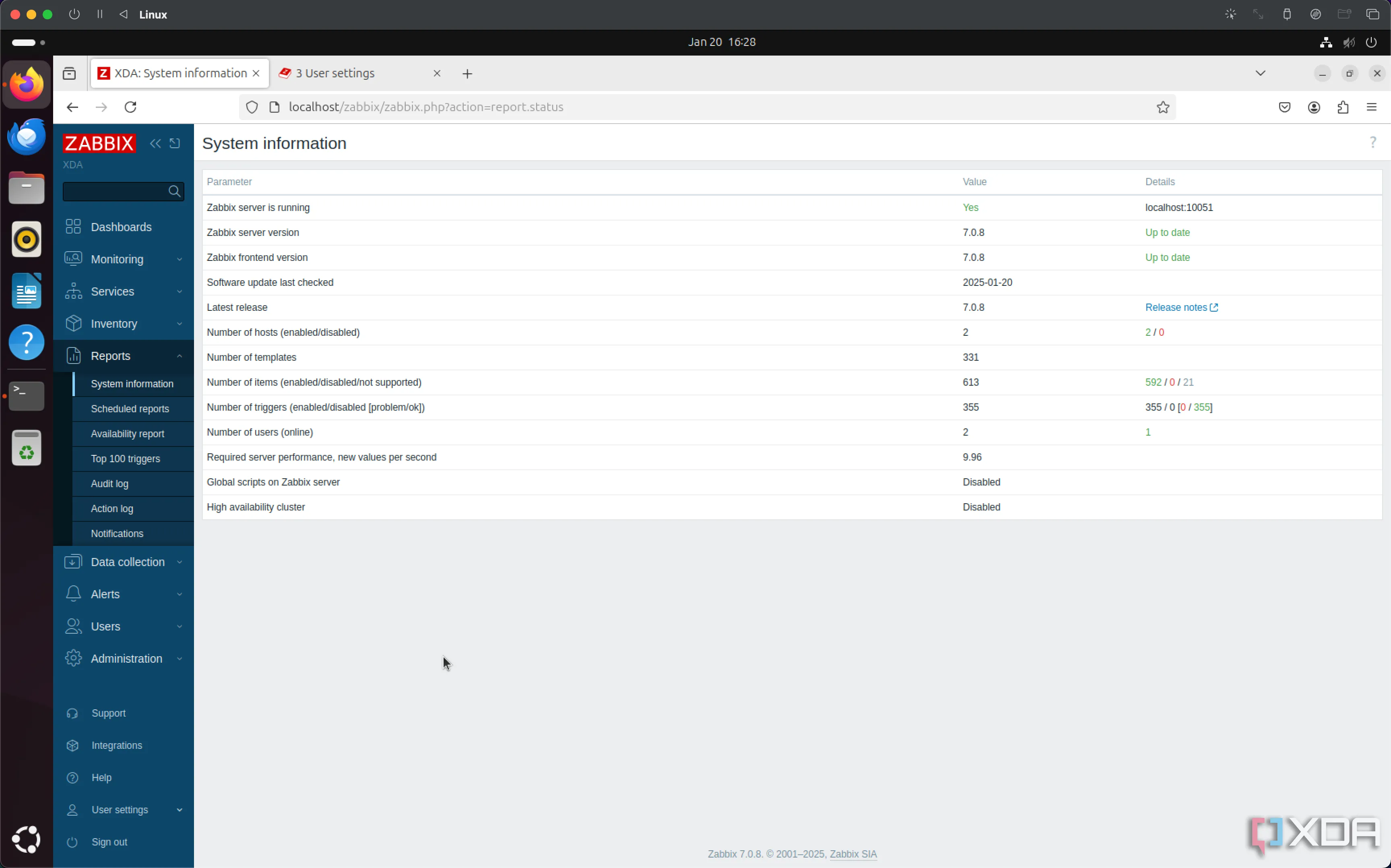 Thông tin hệ thống Zabbix hiển thị trạng thái server