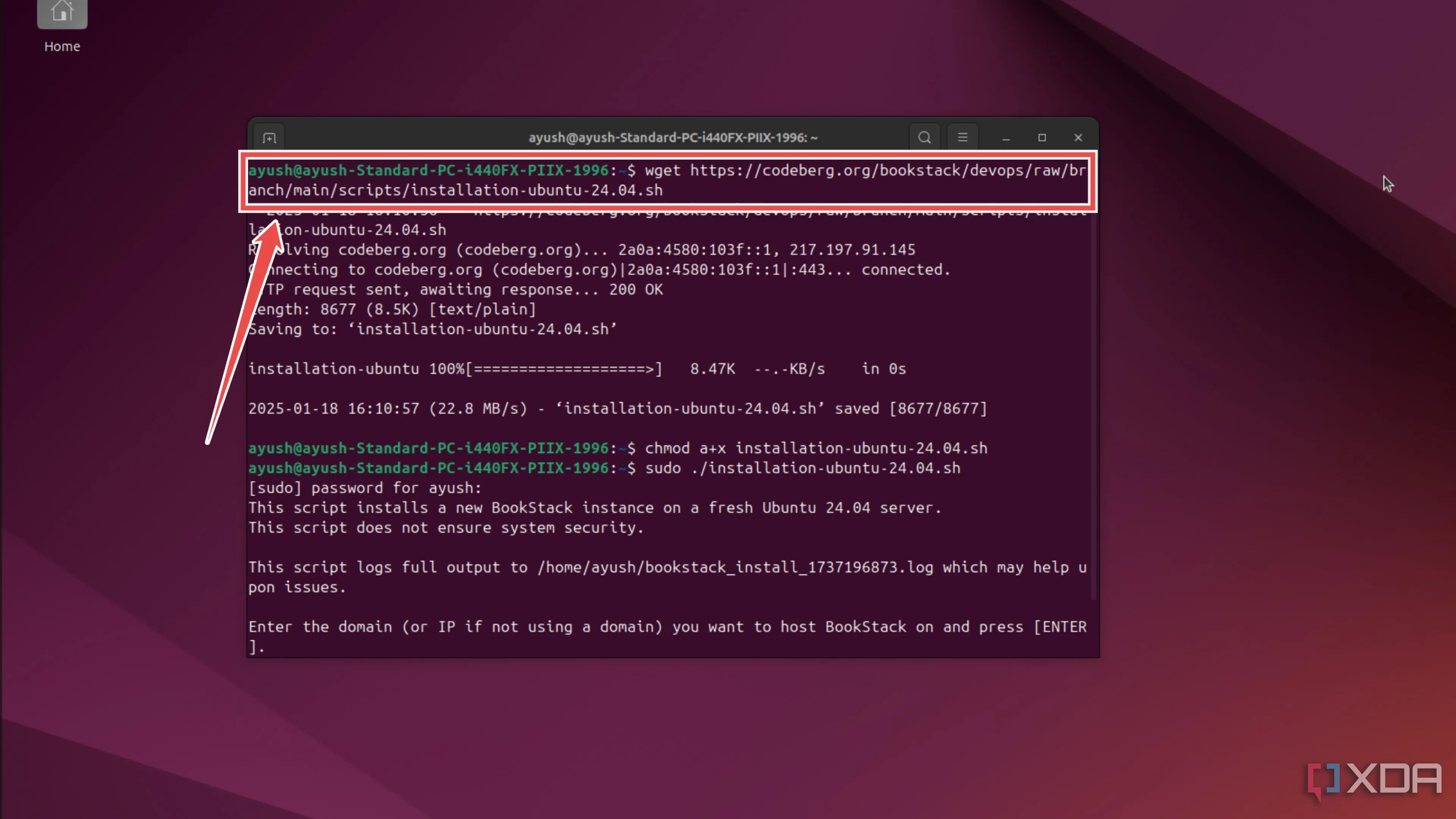 Thực hiện lệnh wget để tải tệp cài đặt BookStack trên Ubuntu