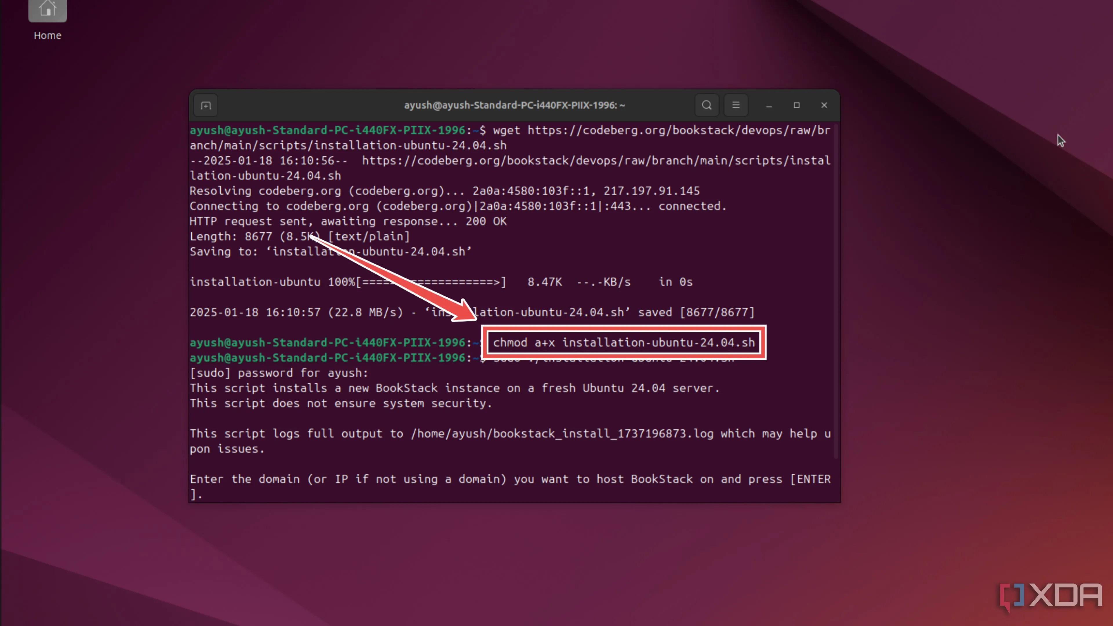 Thực thi lệnh chmod để cấp quyền thực thi cho tệp cài đặt BookStack