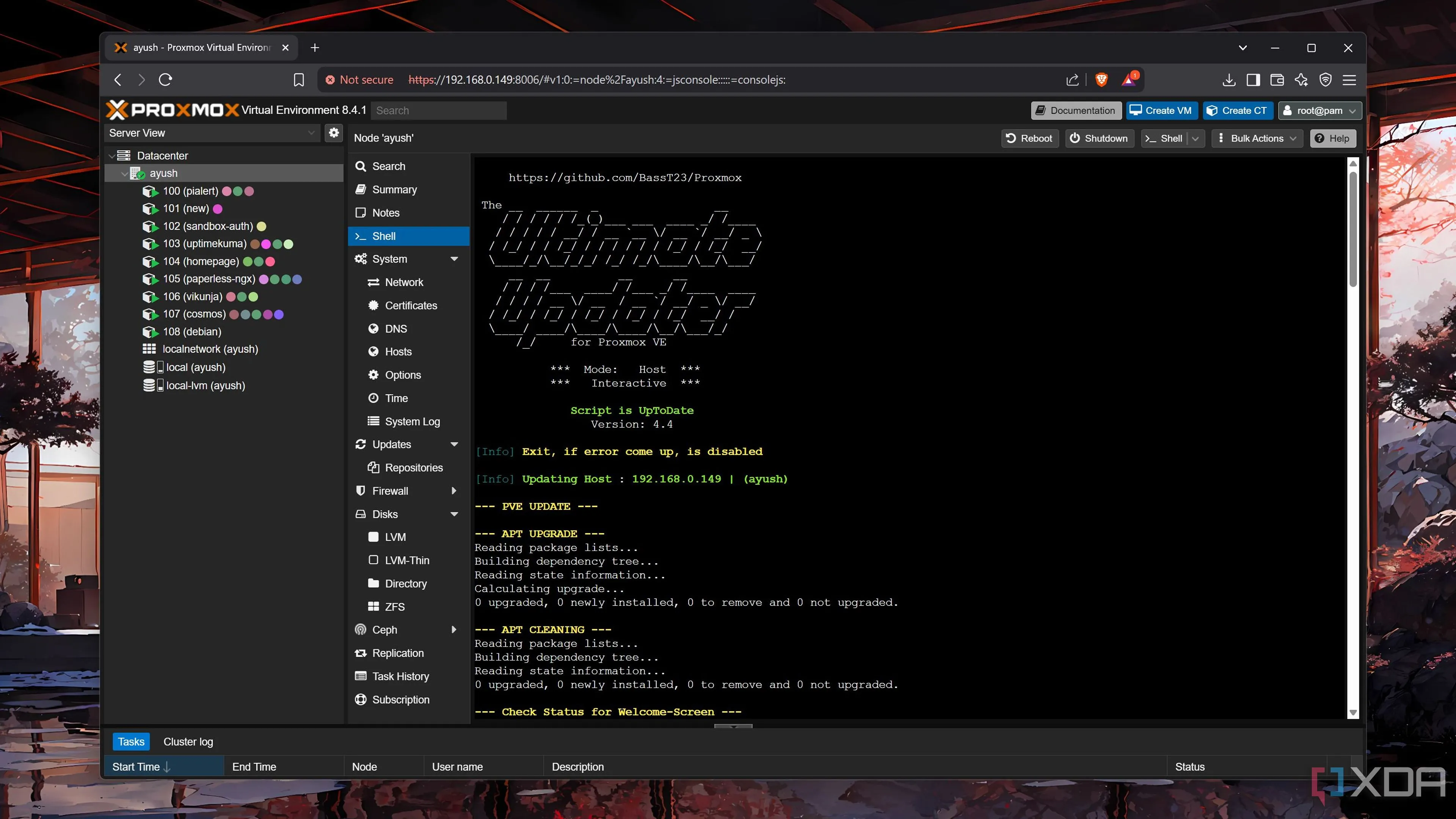 Thực thi lệnh 'update' để khởi chạy Ultimate Updater script trên Proxmox