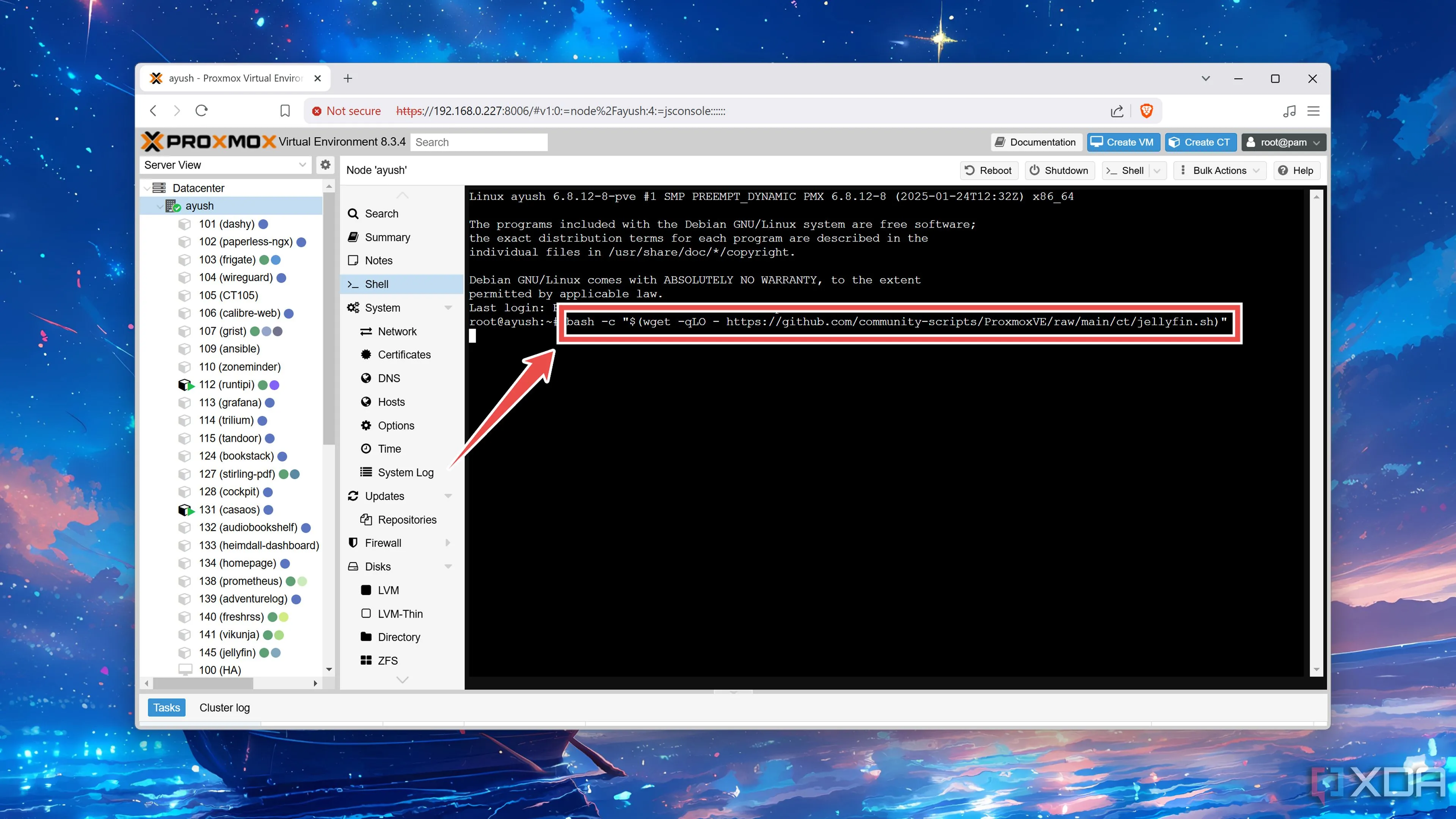 Thực thi script tự động cài đặt Jellyfin trên Proxmox thông qua cửa sổ Shell