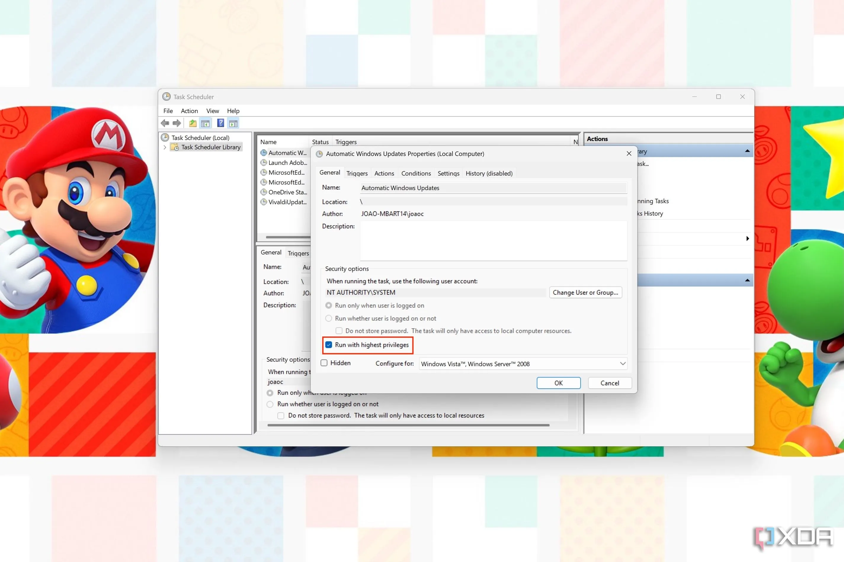 Thuộc tính tác vụ trong Task Scheduler với tùy chọn &quot;Run with highest privileges&quot; được đánh dấu