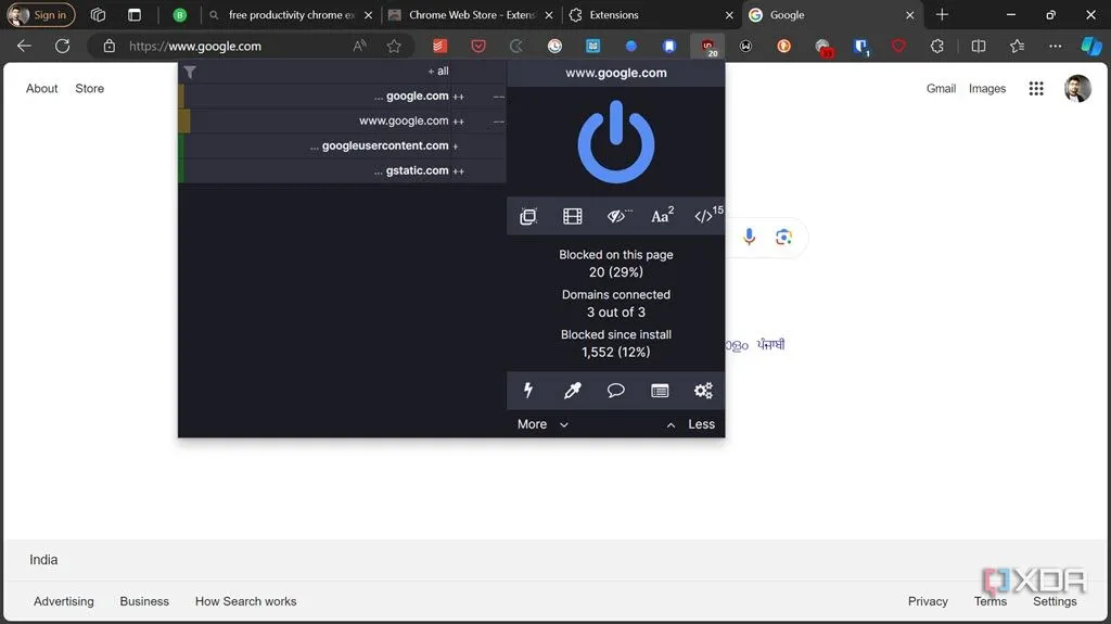 Tiện ích chặn quảng cáo uBlock Origin đang hoạt động, giúp bảo vệ khỏi các trang web độc hại và pop-up
