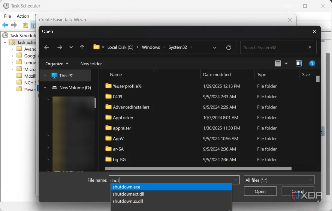 Tìm và chọn tập tin Shutdown.exe để thiết lập tác vụ tắt máy tính tự động