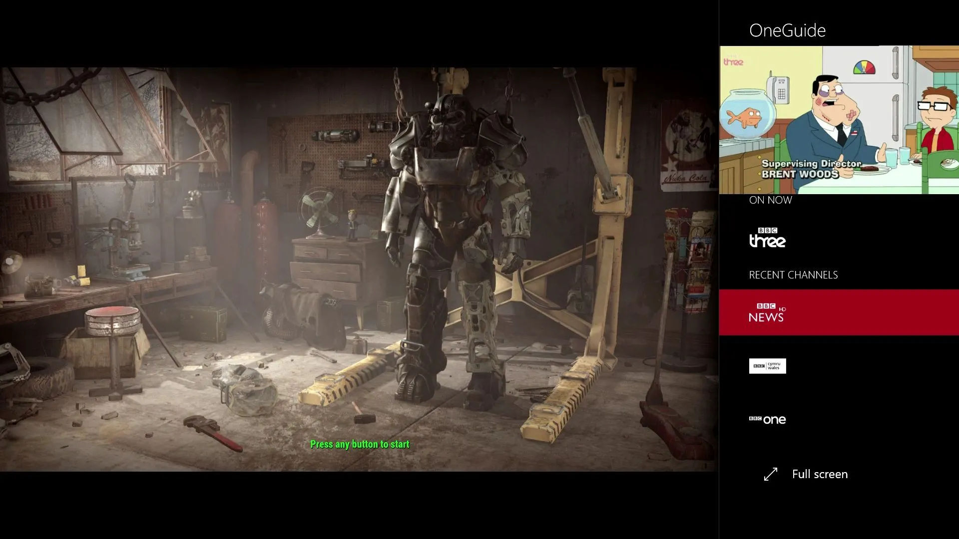 Tính năng Snap của Xbox One hiển thị game Fallout 4 và chương trình American Dad