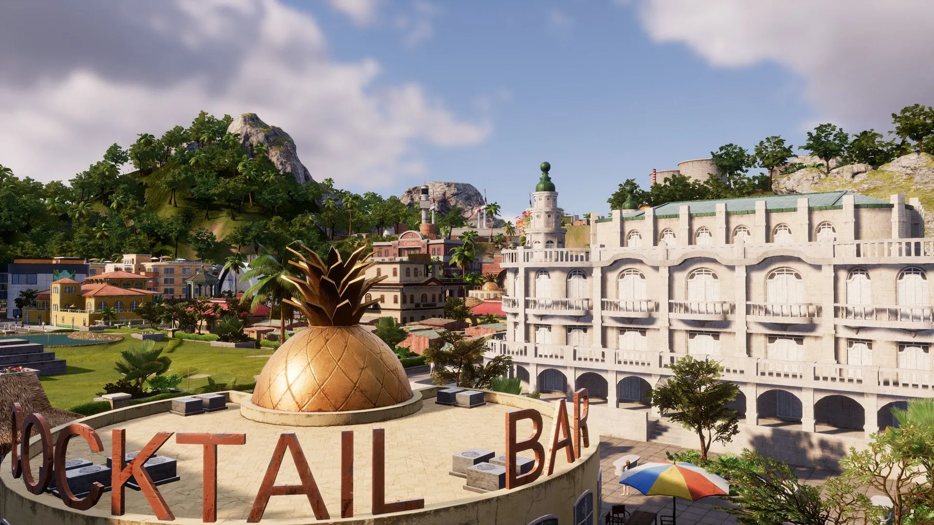 Toàn cảnh hòn đảo Tropico 6 với các công trình đa dạng, bãi biển và núi non xanh mướt