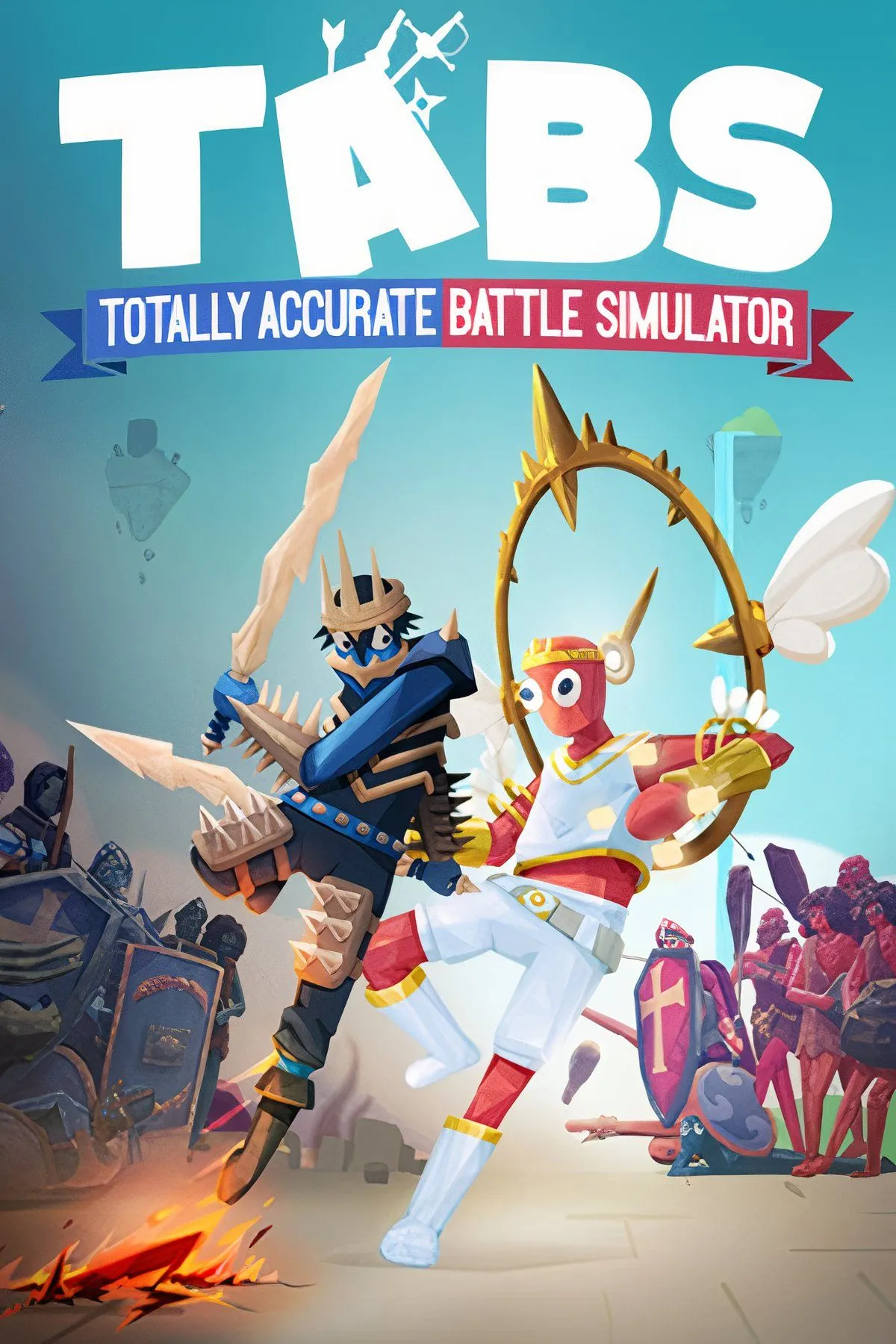 Trận chiến hỗn loạn trong Totally Accurate Battle Simulator (TABS), với các đơn vị quân kỳ quặc đối đầu trên chiến trường.