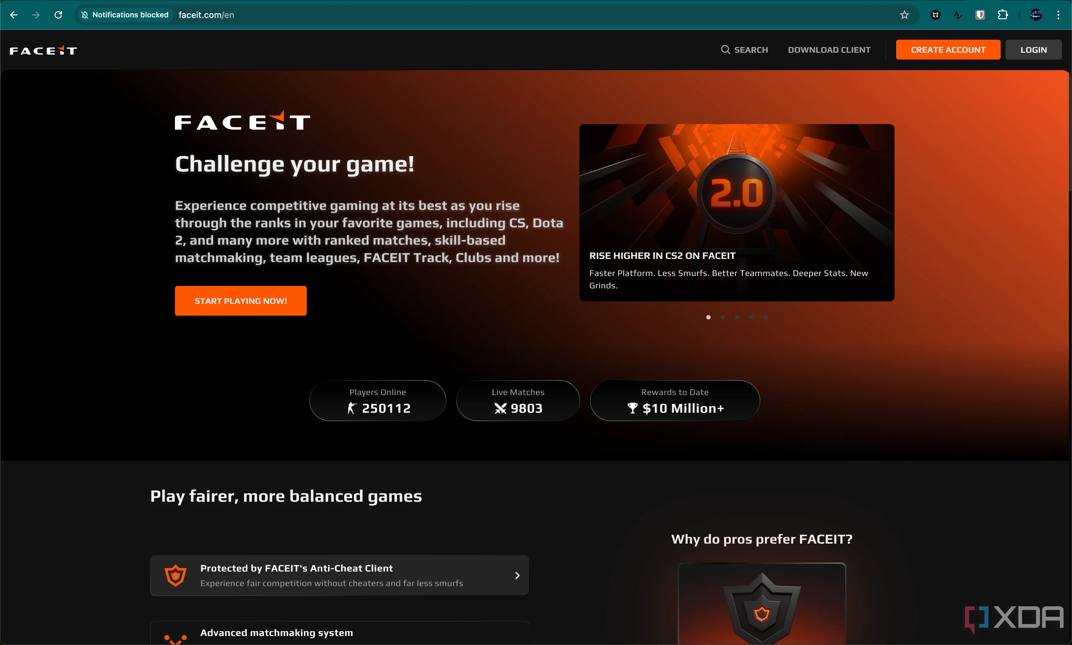 Trang chủ của nền tảng Faceit, hiển thị giao diện và các tùy chọn chơi game