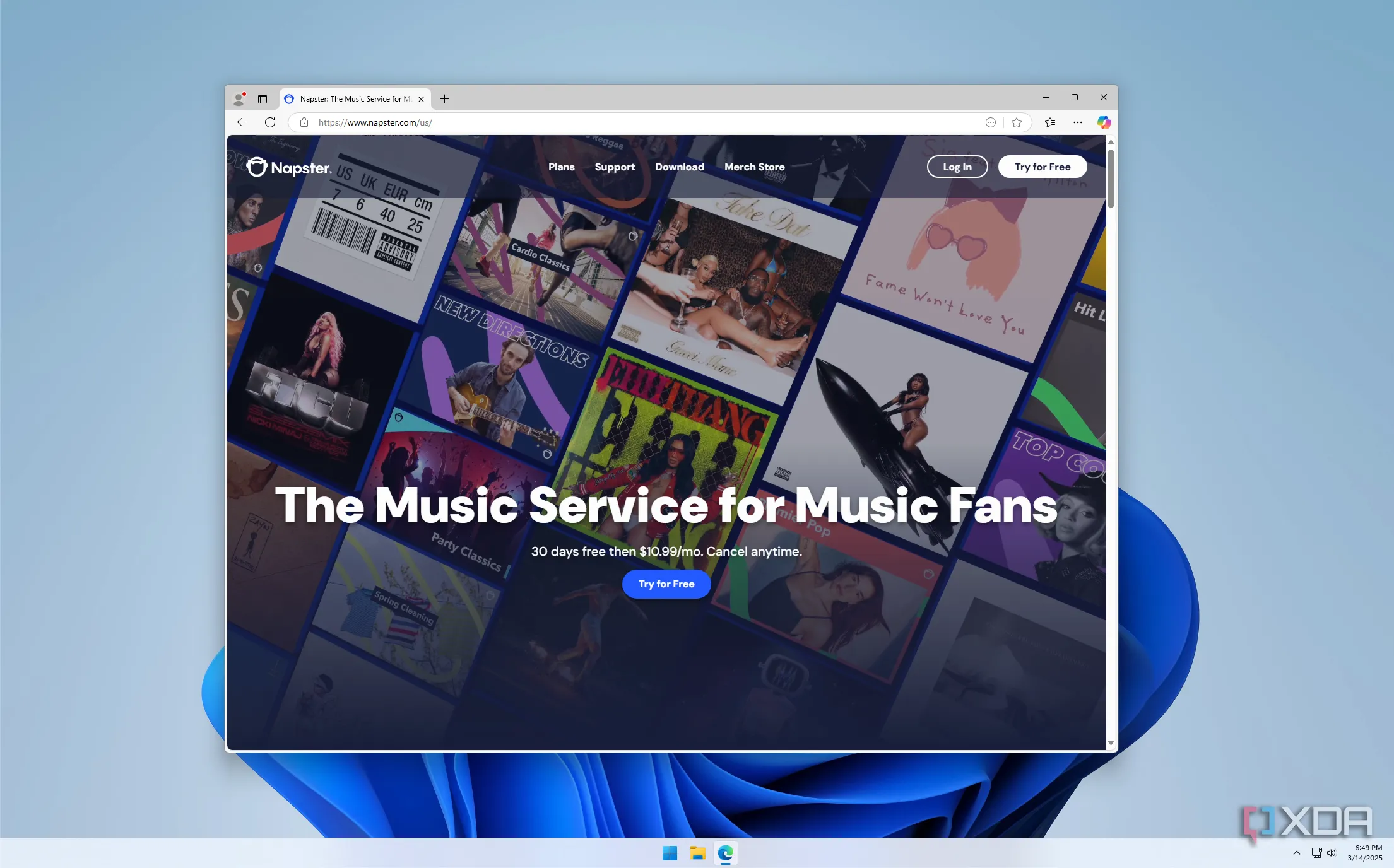 Trang chủ dịch vụ stream nhạc Napster hiển thị trên trình duyệt Microsoft Edge trên Windows 11