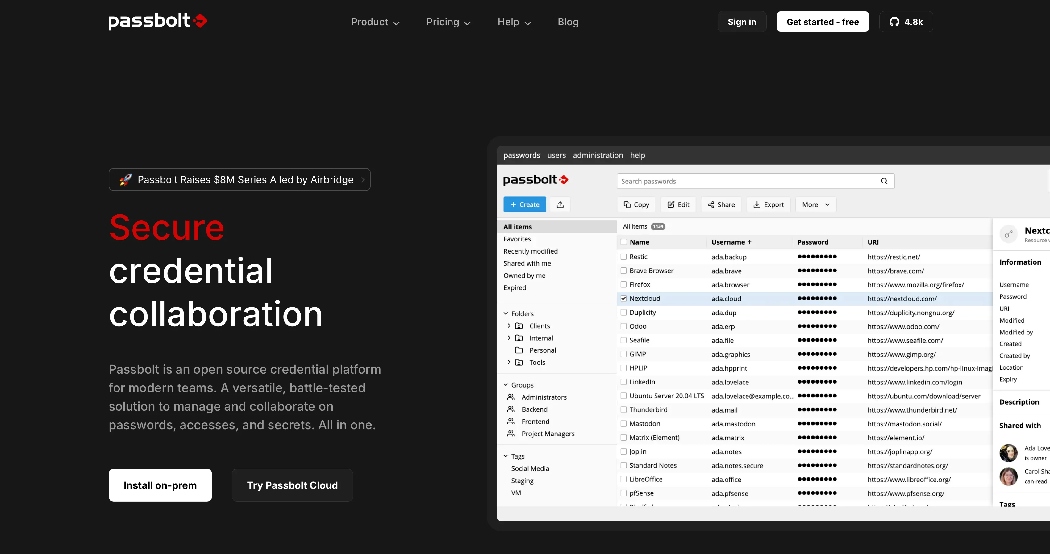 Trang chủ giới thiệu tính năng của trình quản lý mật khẩu PassBolt cho đội nhóm và doanh nghiệp