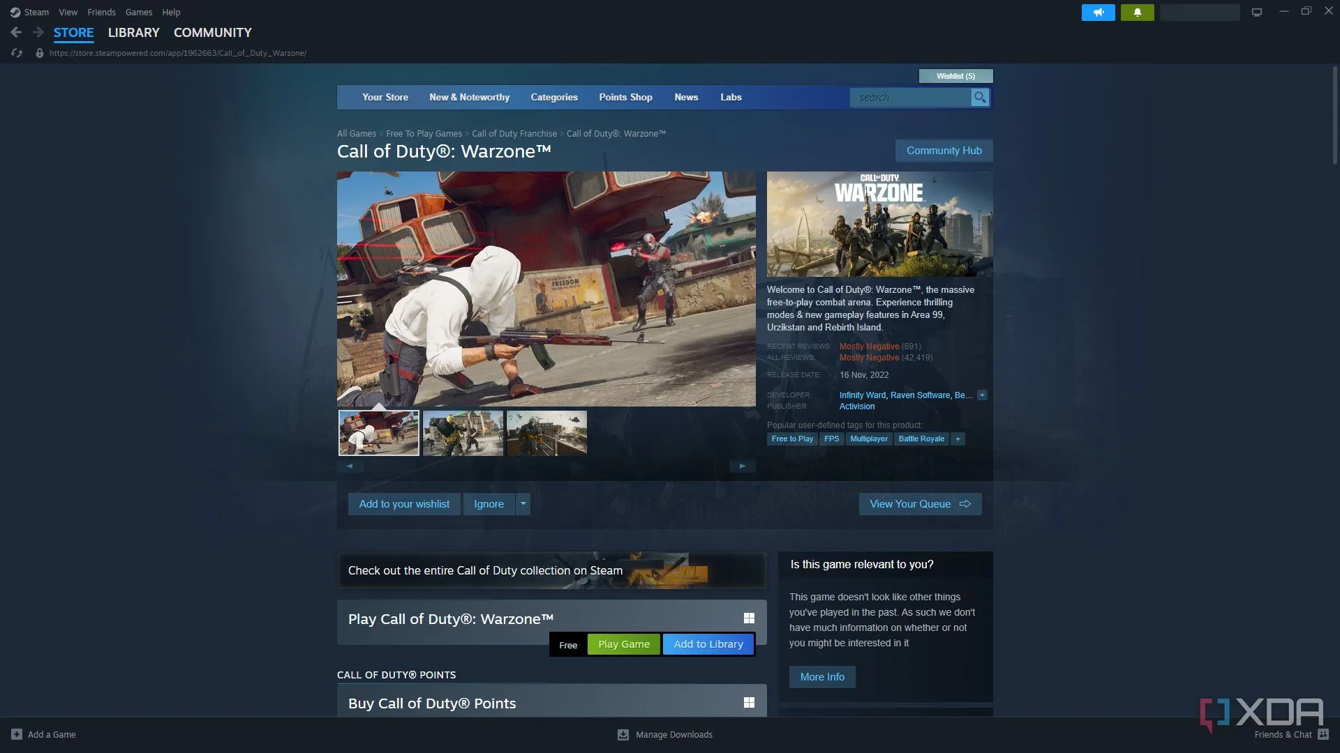 Trang cửa hàng của Call of Duty: Warzone trên Steam