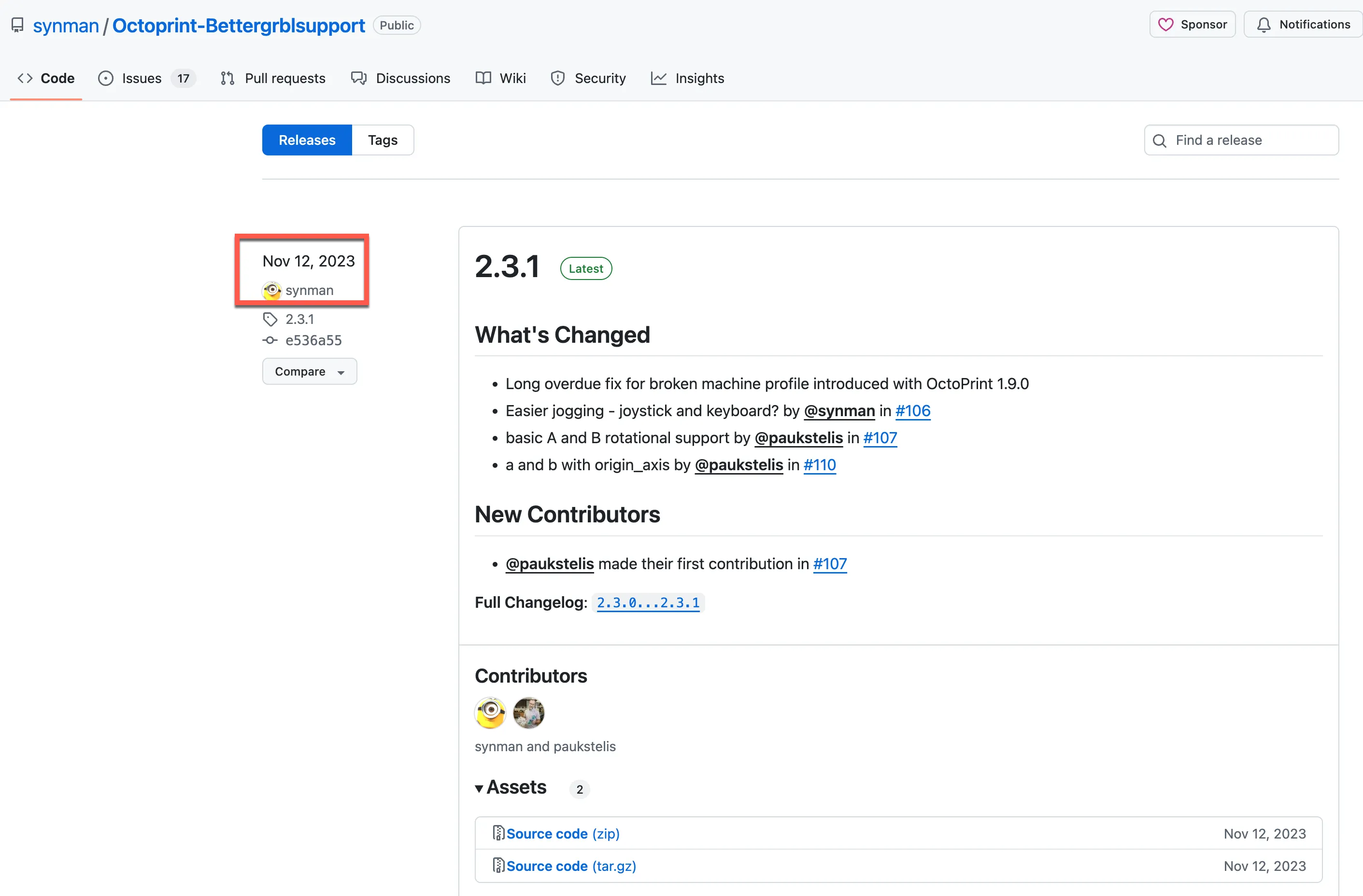 Trang GitHub của BetterGRBLSupport plugin cho OctoPrint, hiển thị thông tin về lần cập nhật cuối cùng