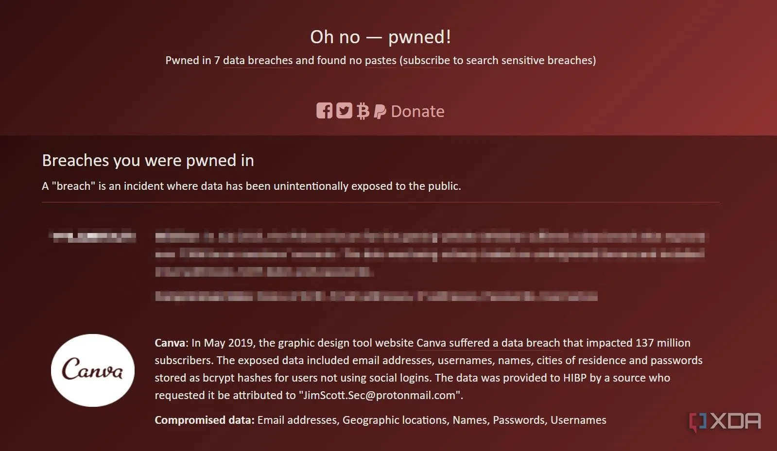 Trang Have I Been Pwned hiển thị thông tin về vụ rò rỉ dữ liệu Canva năm 2019