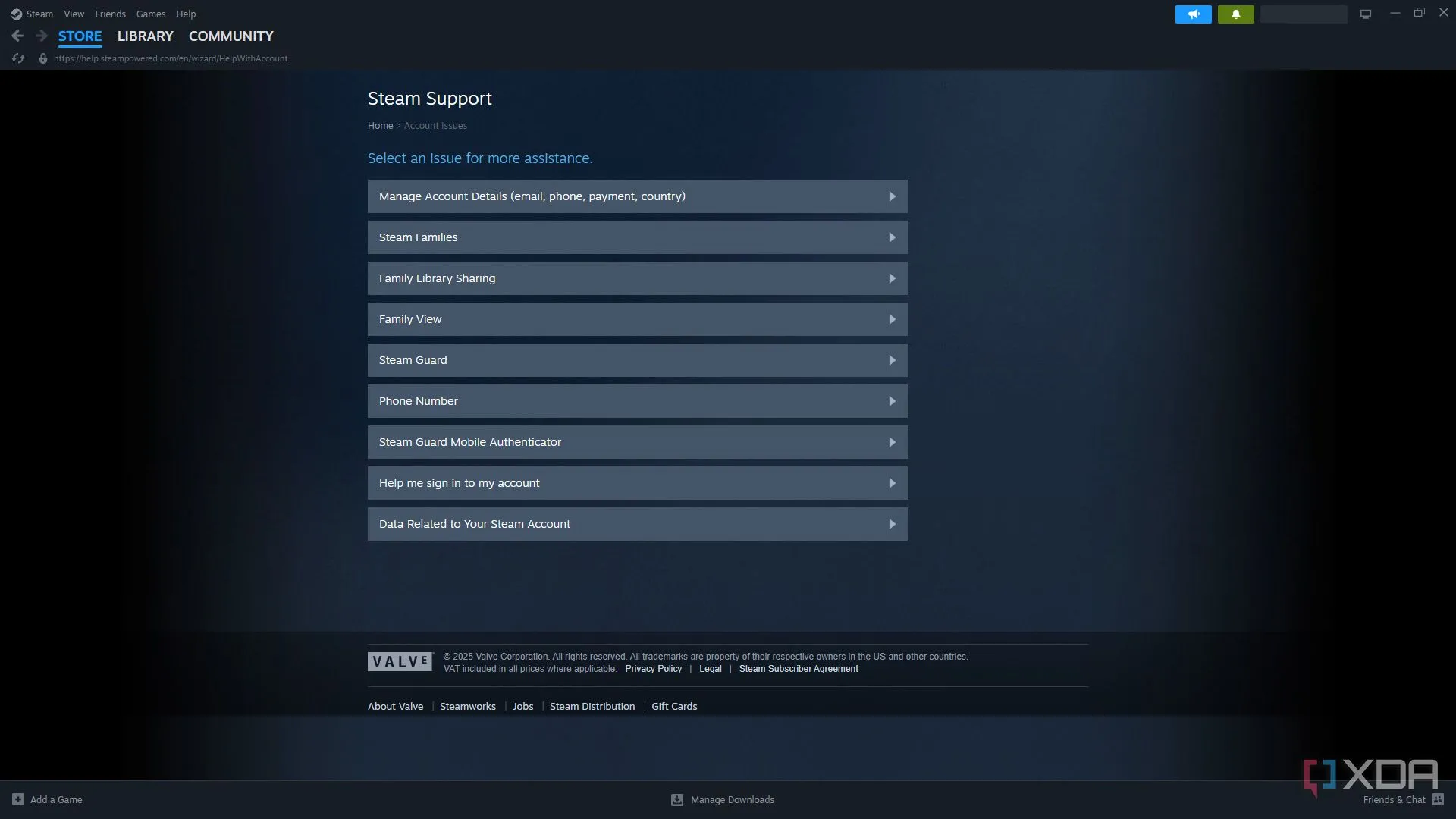Trang hỗ trợ khách hàng của Steam trên ứng dụng với nhiều lựa chọn trợ giúp