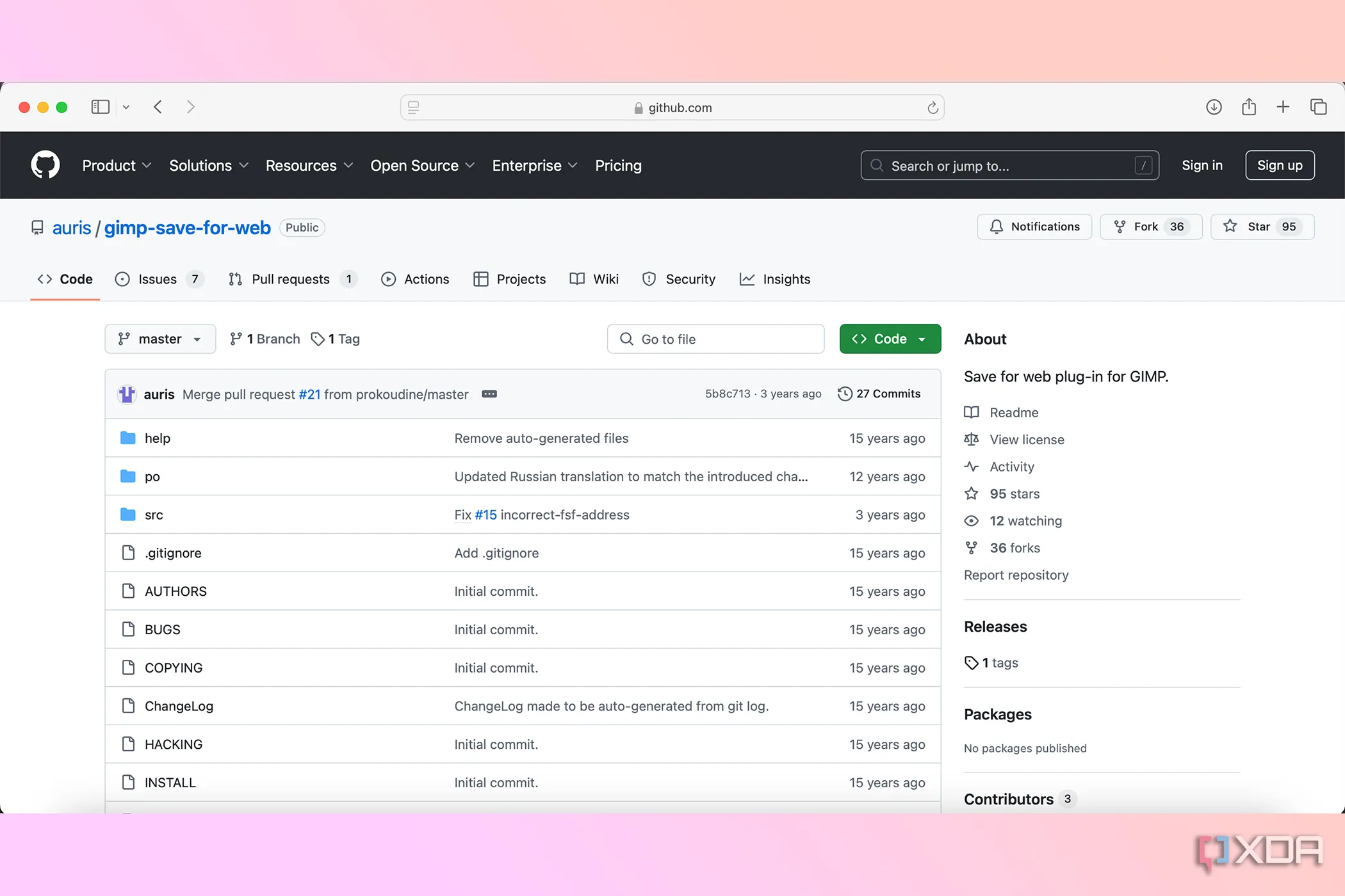 Trang kho lưu trữ GitHub cho công cụ Save For Web (plugin GIMP), thể hiện dự án cộng đồng mã nguồn mở.