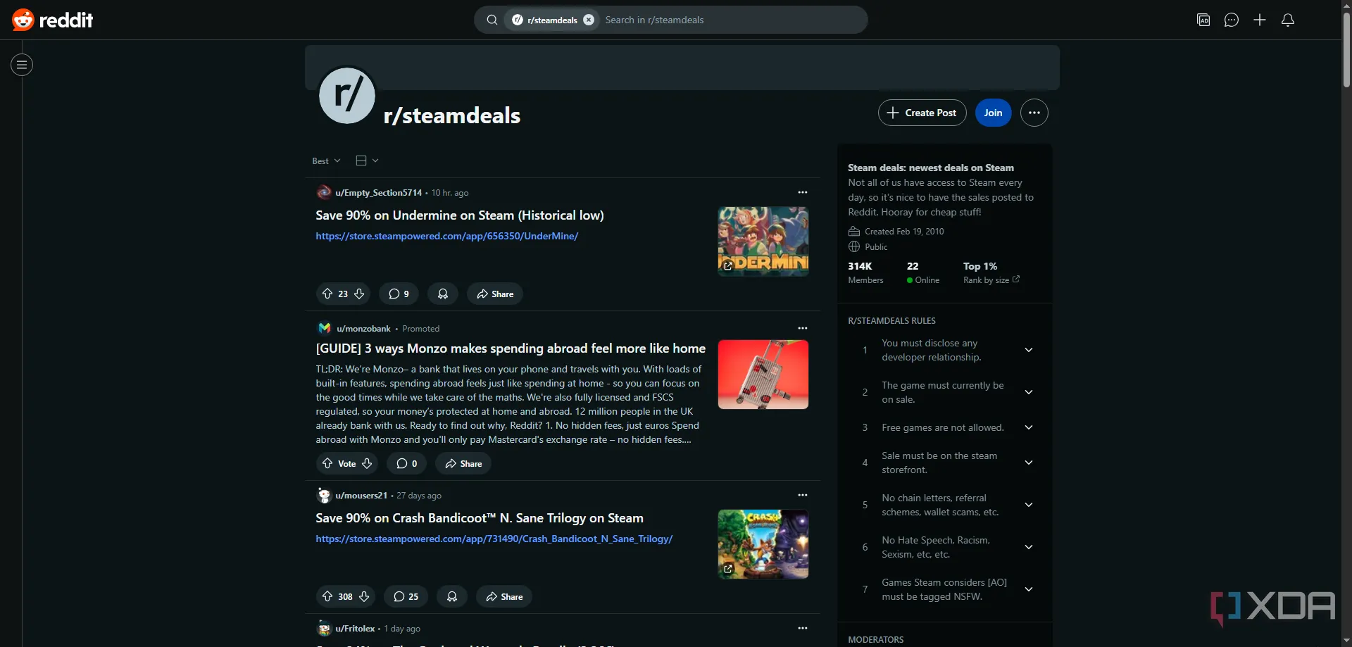 Trang subreddit r/steamdeals hiển thị các bài đăng về ưu đãi game Steam nổi bật