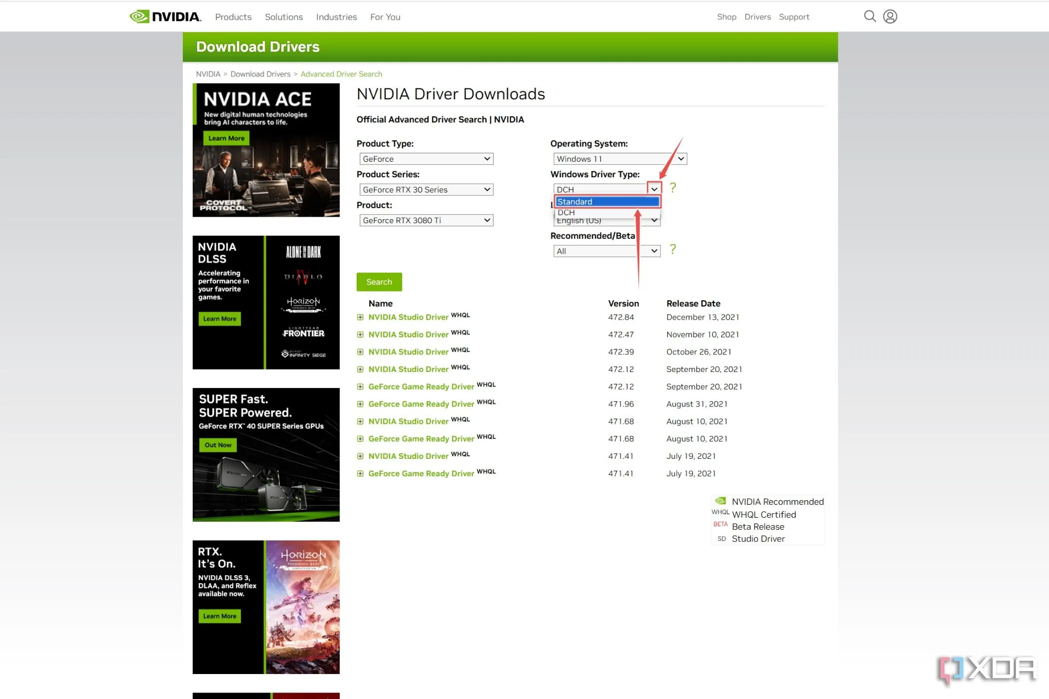 Trang tải driver của Nvidia với tùy chọn Standard drivers được đánh dấu nổi bật