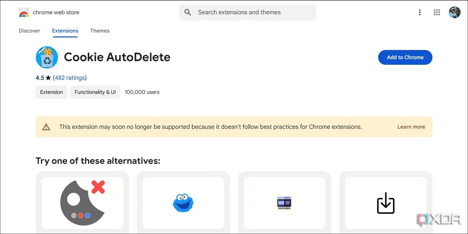 Trang tải tiện ích mở rộng Cookie AutoDelete, nhắc nhở về việc kiểm tra quyền và nguồn gốc tiện ích