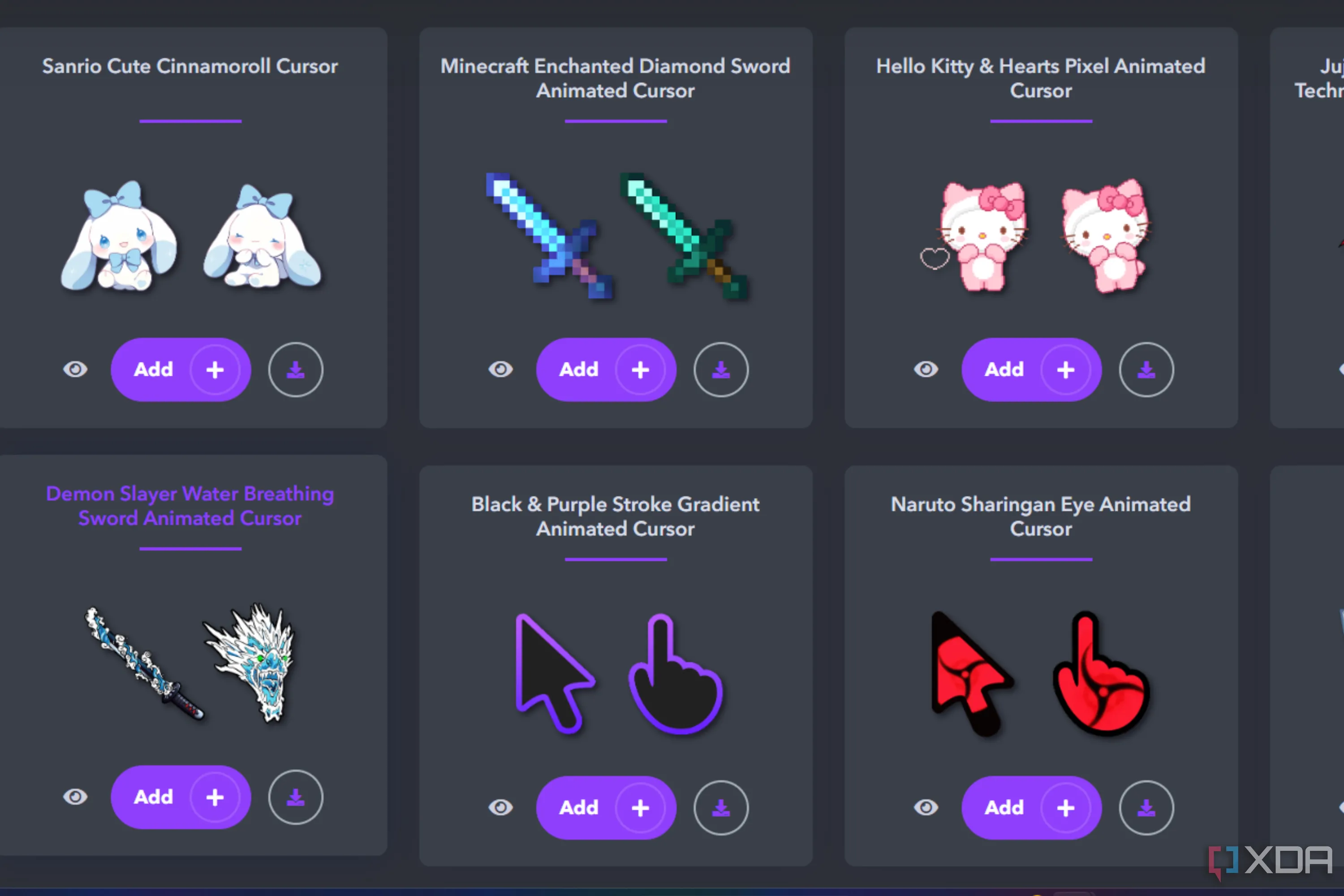 Trang web Sweezy Custom Cursor hiển thị các biểu tượng con trỏ chuột độc đáo có thể tải về, minh họa khả năng tùy chỉnh con trỏ trên Windows 11.