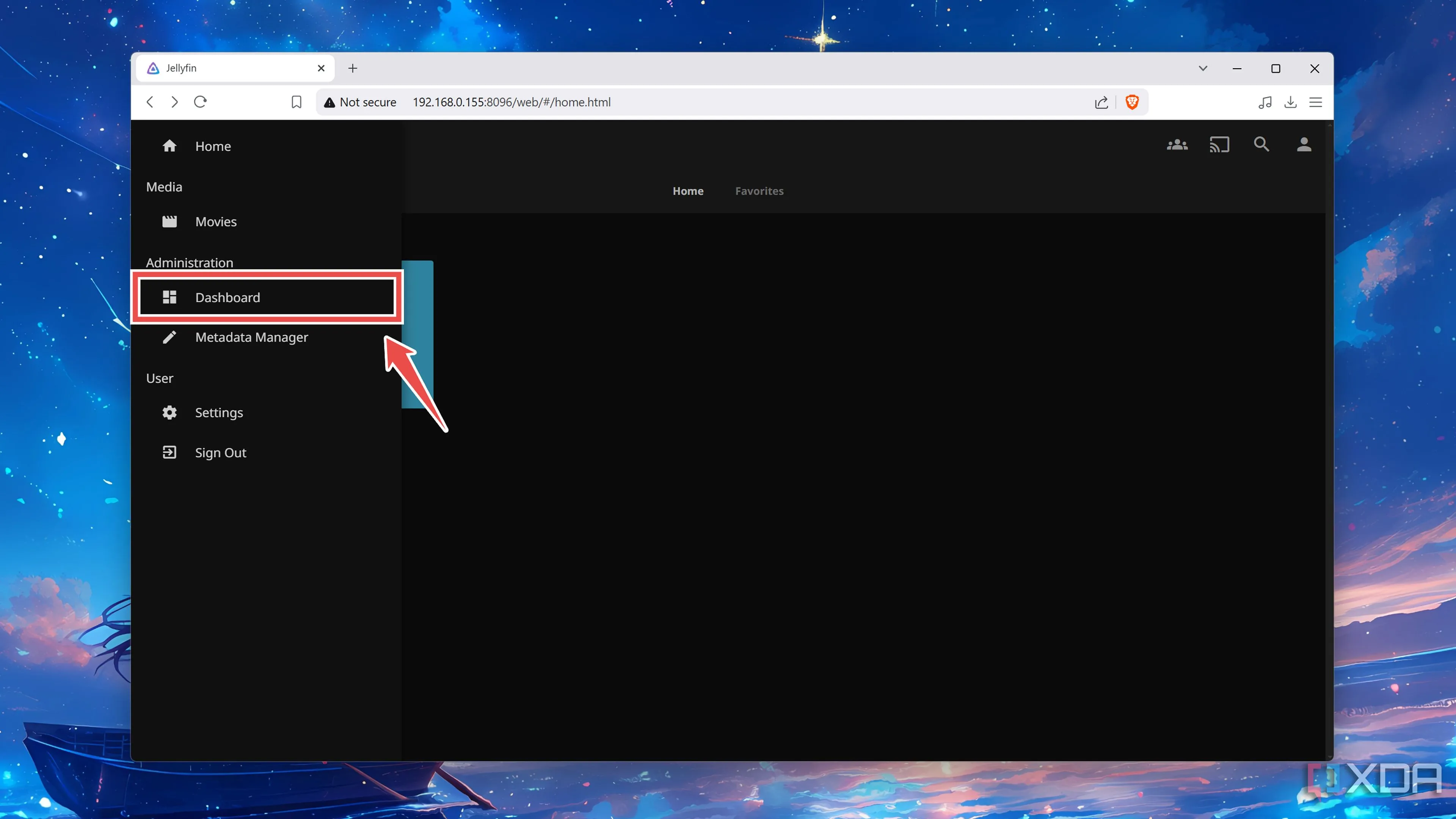 Truy cập Dashboard của Jellyfin để tiếp tục cấu hình thư viện media