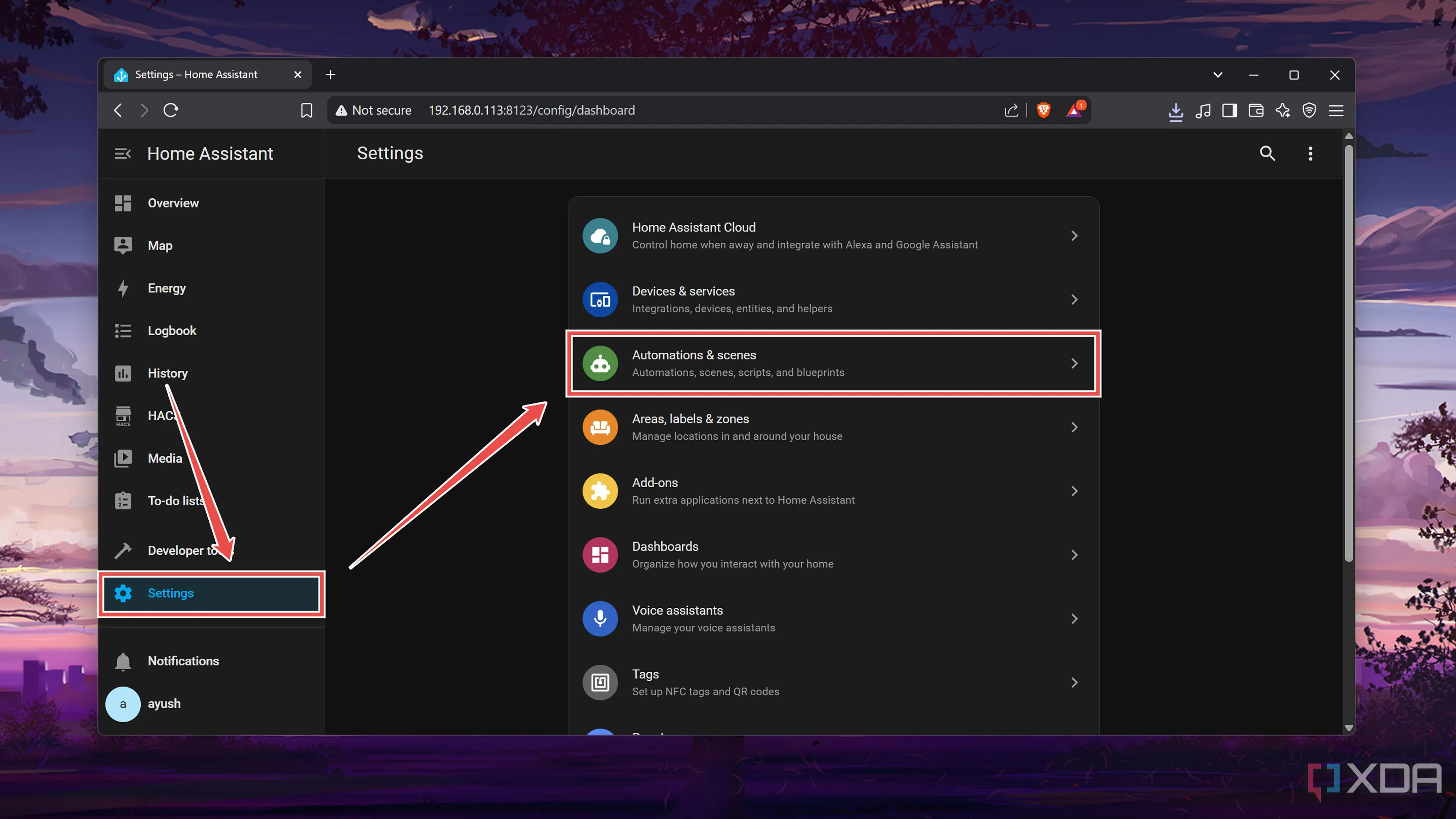 Truy cập tab &quot;Automations &amp; scenes&quot; trong Home Assistant để quản lý các quy trình tự động hóa và cảnh báo