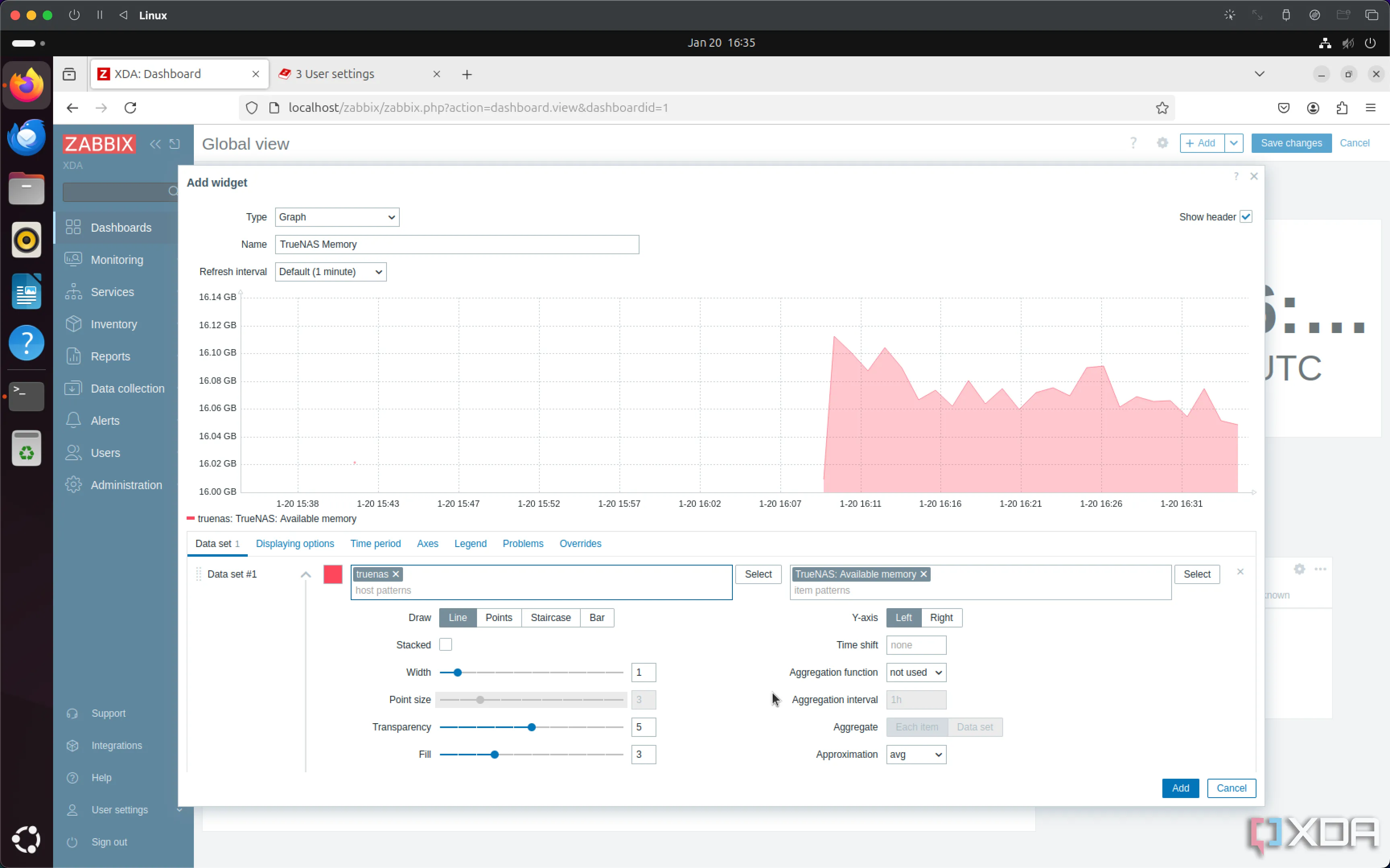 Tùy chỉnh dashboard Zabbix để thêm widget giám sát mức sử dụng RAM trên TrueNAS