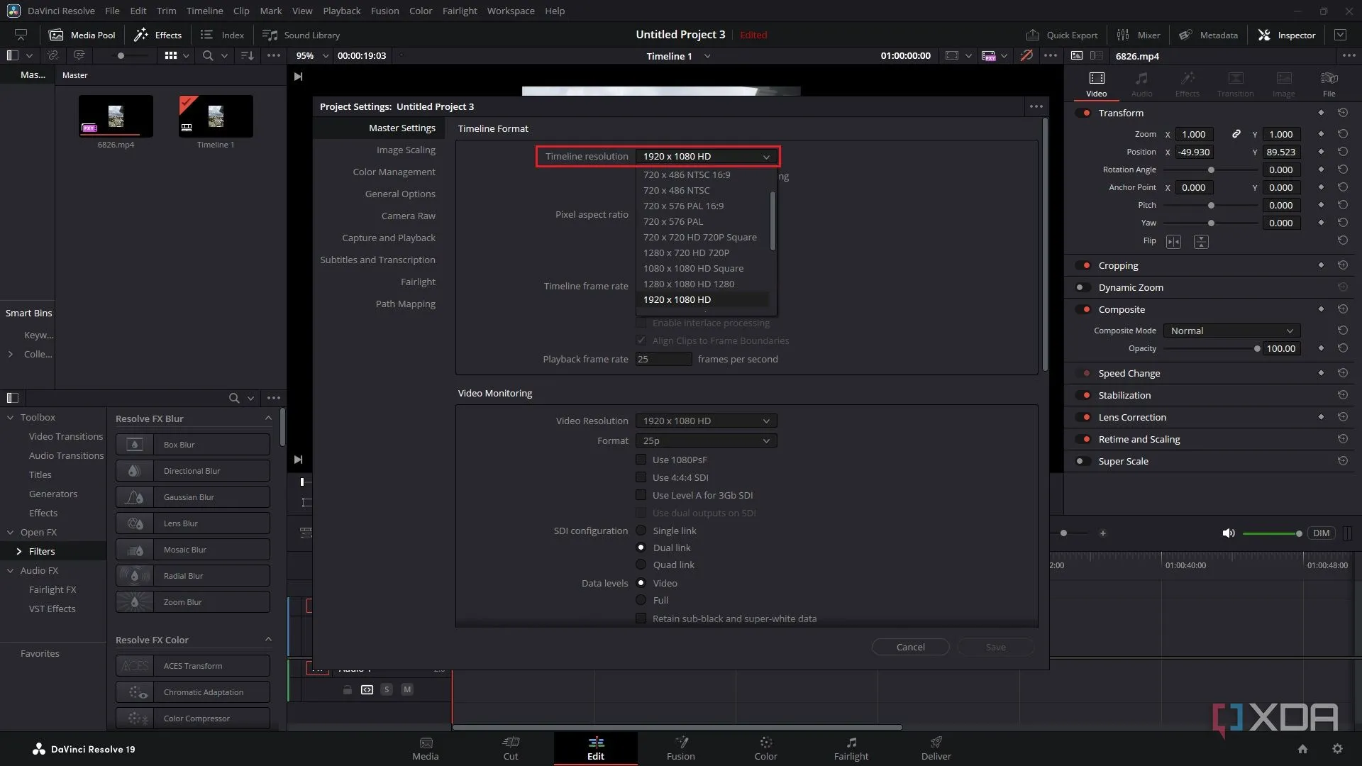 Tùy chỉnh độ phân giải timeline trong cài đặt dự án DaVinci Resolve để cải thiện hiệu suất.