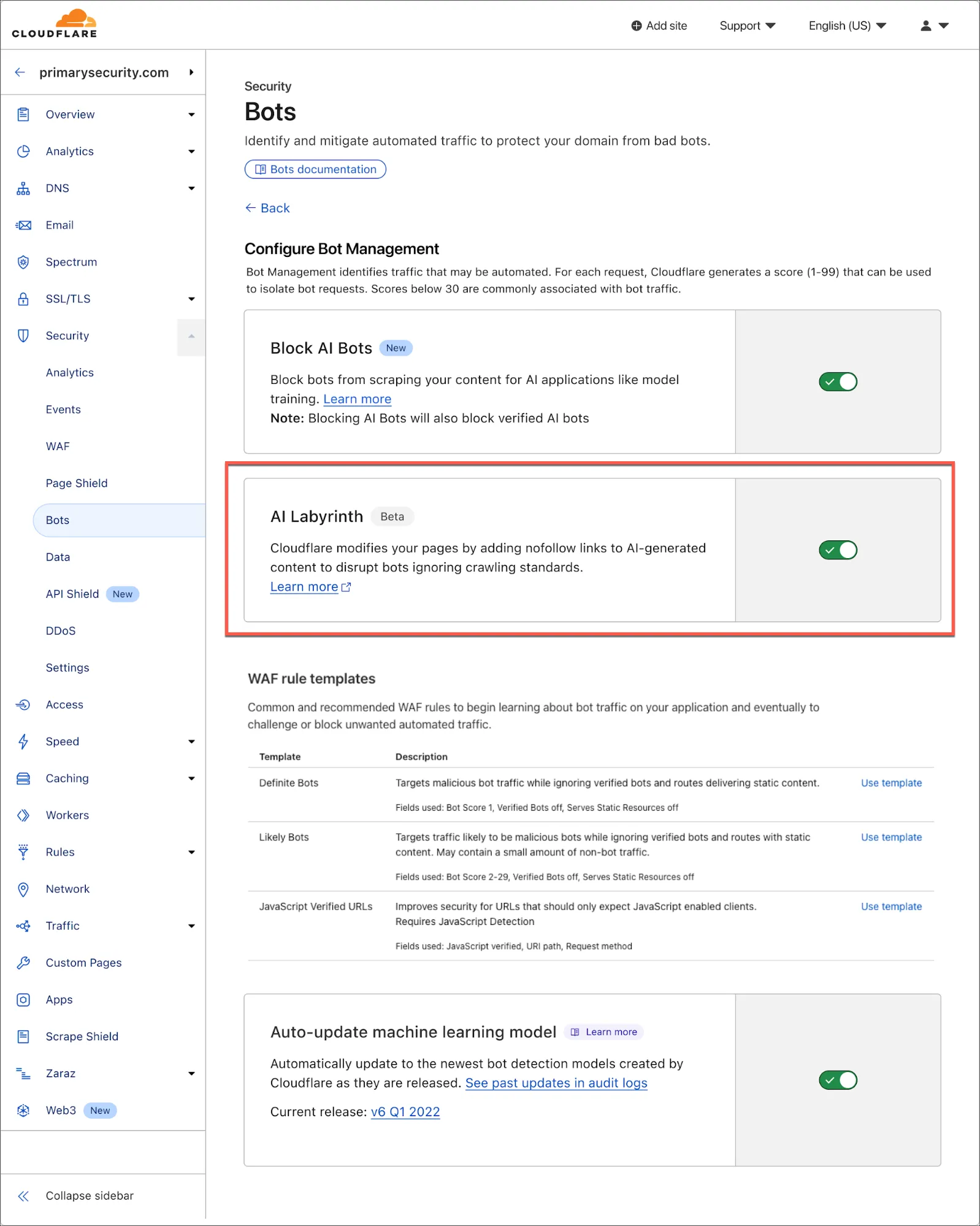 Tùy chọn &quot;AI Labyrinth&quot; trong Cloudflare dashboard, hiển thị công tắc bật/tắt tính năng chống bot AI.